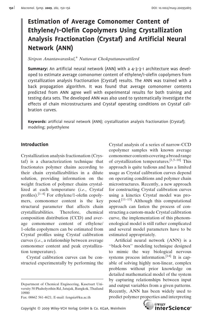 Estimation of Average Comonomer Content of Ethylene1-Olefin Copolymers Using Crystallization Analysis Fractionation (Crystaf) and Artificial Neural Network (ANN) by Unknown
