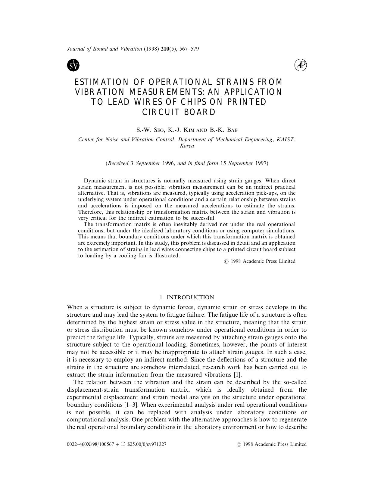 Estimation of Operational Strains From Vibration Measurements: An Application to Lead Wires of Chips on Printed Circuit Board by Seo S.-W. et al