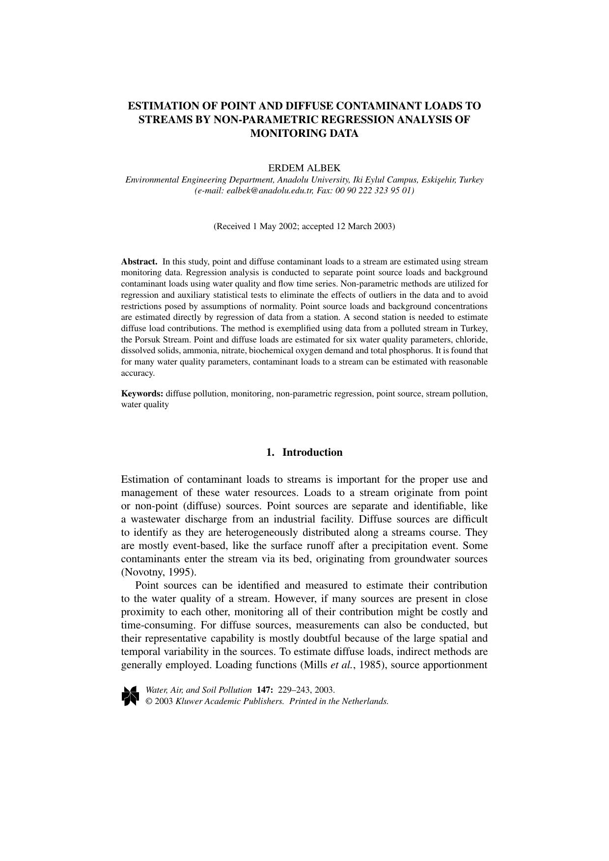 Estimation of Point and Diffuse Contaminant Loads to Streams by Non-Parametric Regression Analysis of Monitoring Data by Unknown