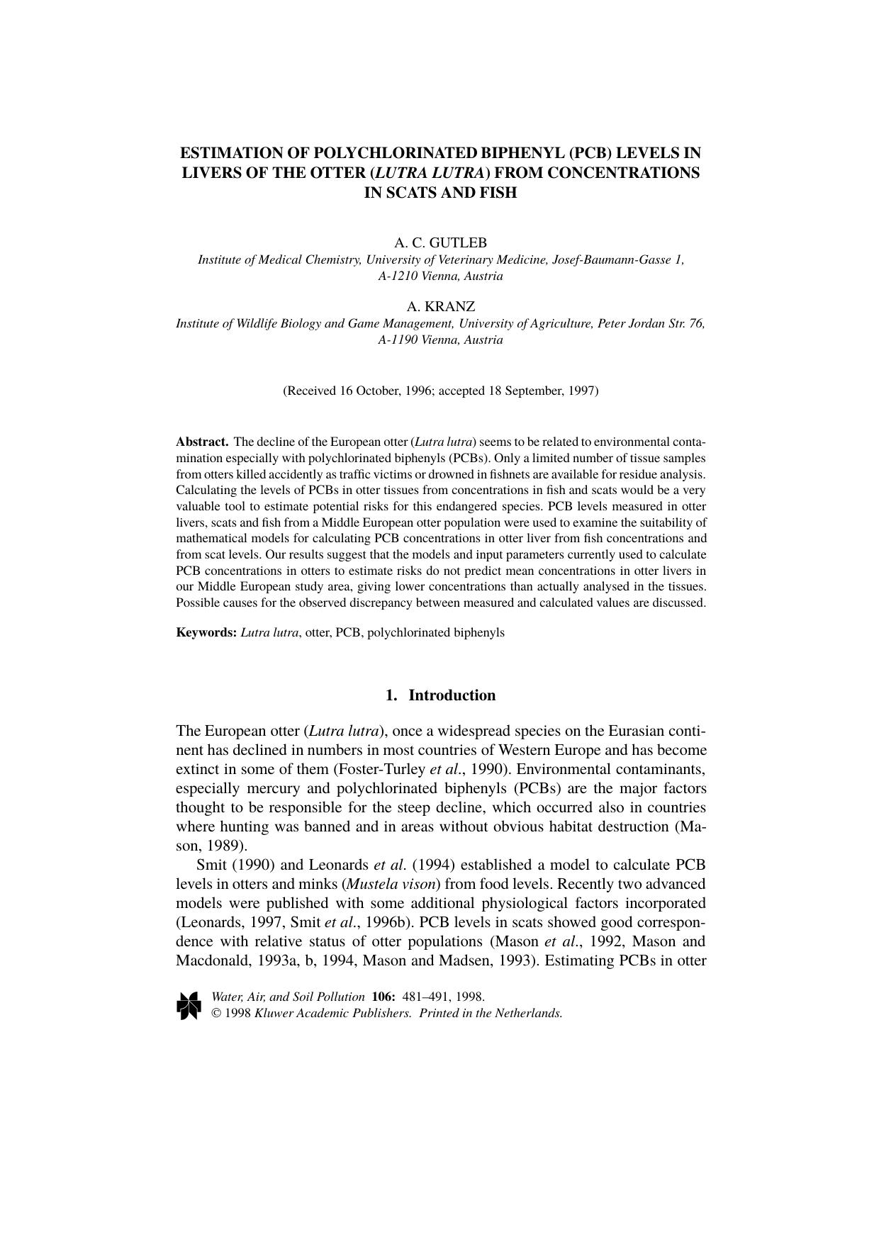 Estimation of Polychlorinated Biphenyl (PCB) Levels in Livers of the Otter (<Emphasis Type="Italic">Lutra Lutra<Emphasis>) from Concentrations in Scats and Fish by Unknown