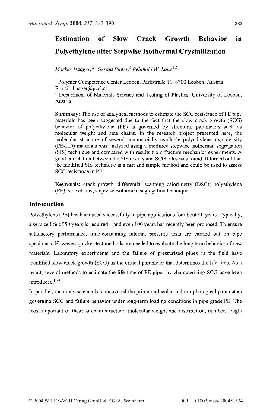 Estimation of Slow Crack Growth Behavior in Polyethylene after Stepwise Isothermal Crystallization by Unknown