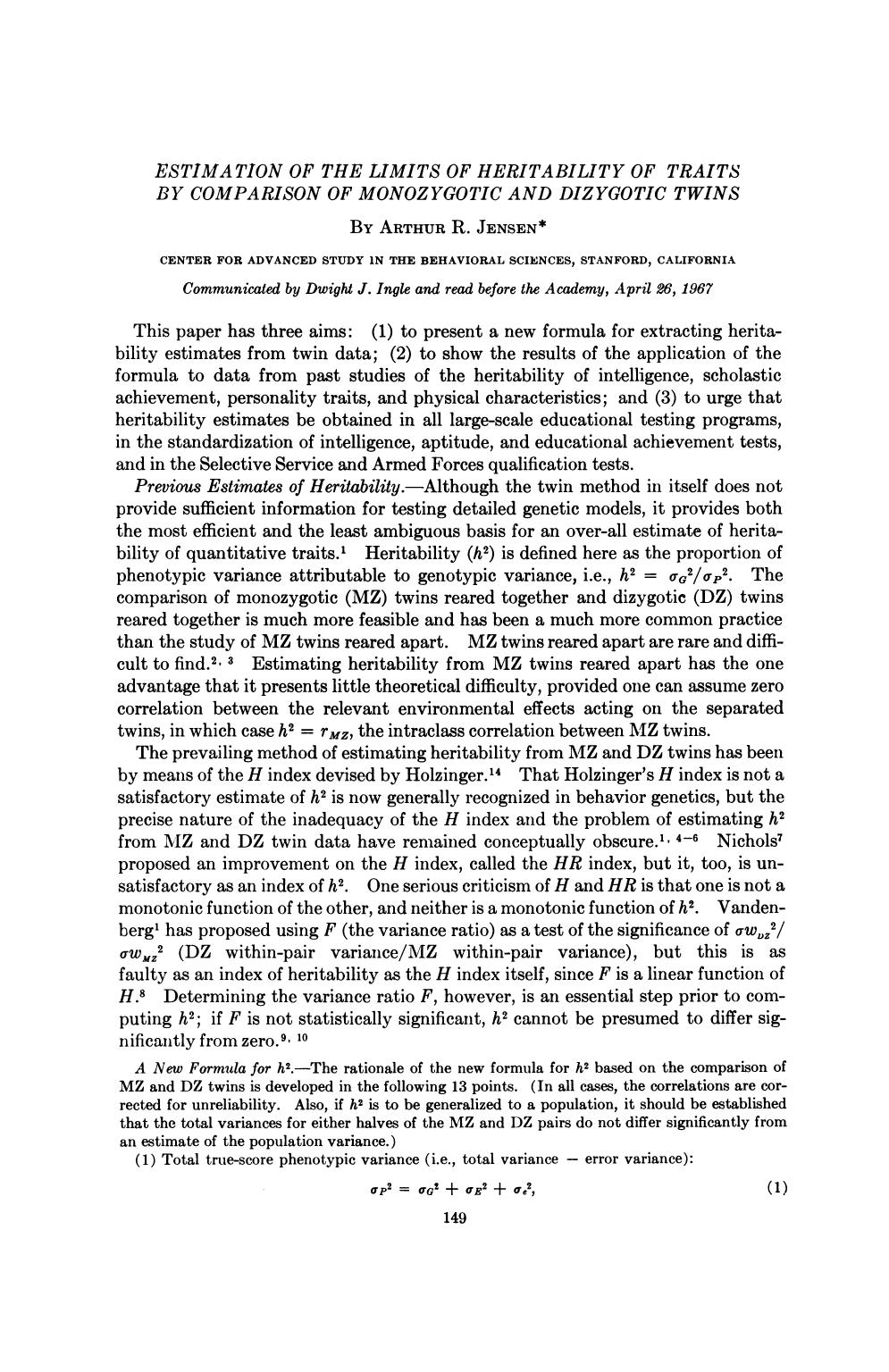 Estimation of The Limits of Heritability of Traits by Comparison of Monozygotic and Dizygotic Twins (1967) by Arthur Robert Jensen by Unknown
