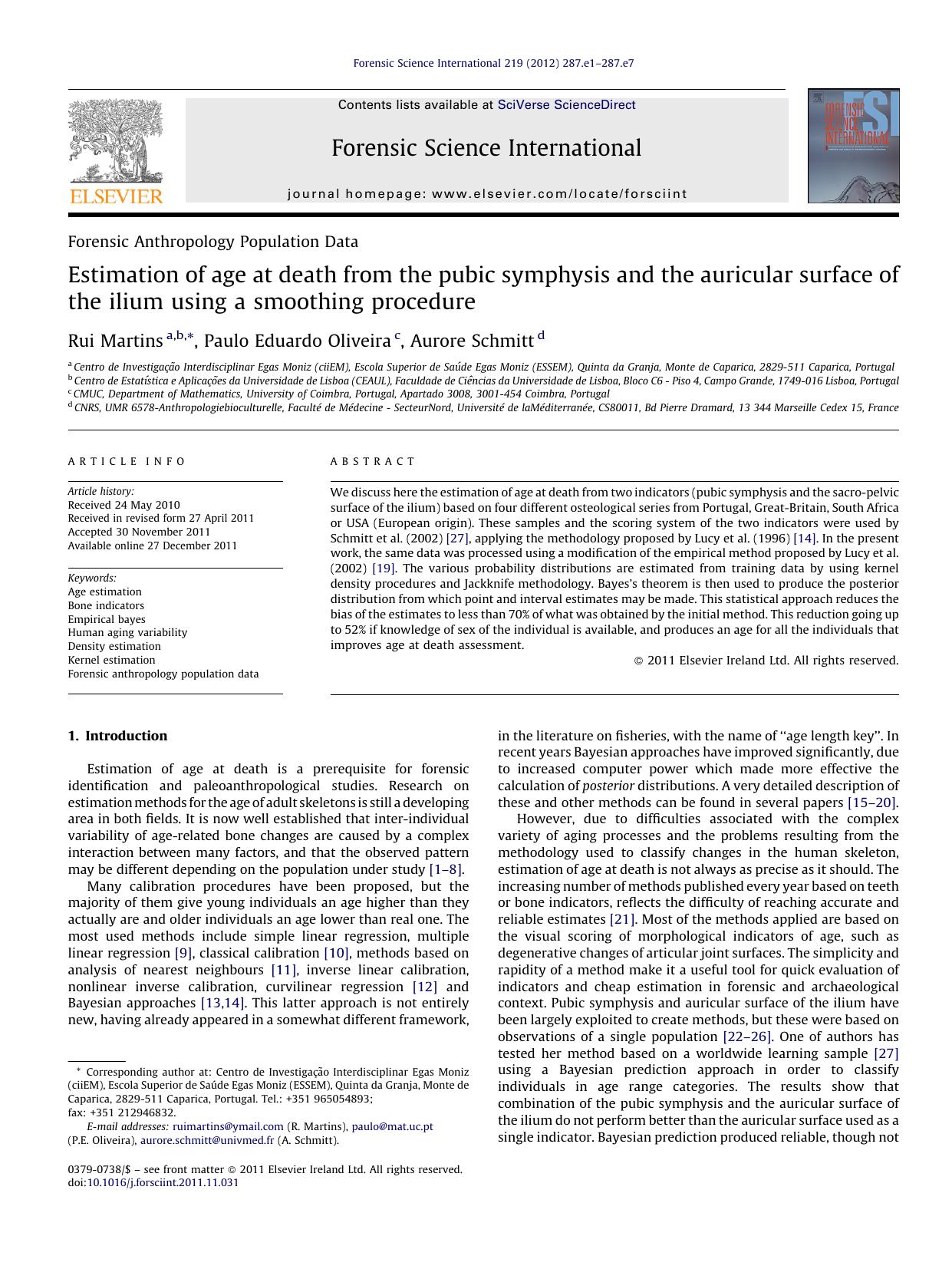 Estimation of age at death from the pubic symphysis and the auricular surface of the ilium using a smoothing procedure by Rui Martins