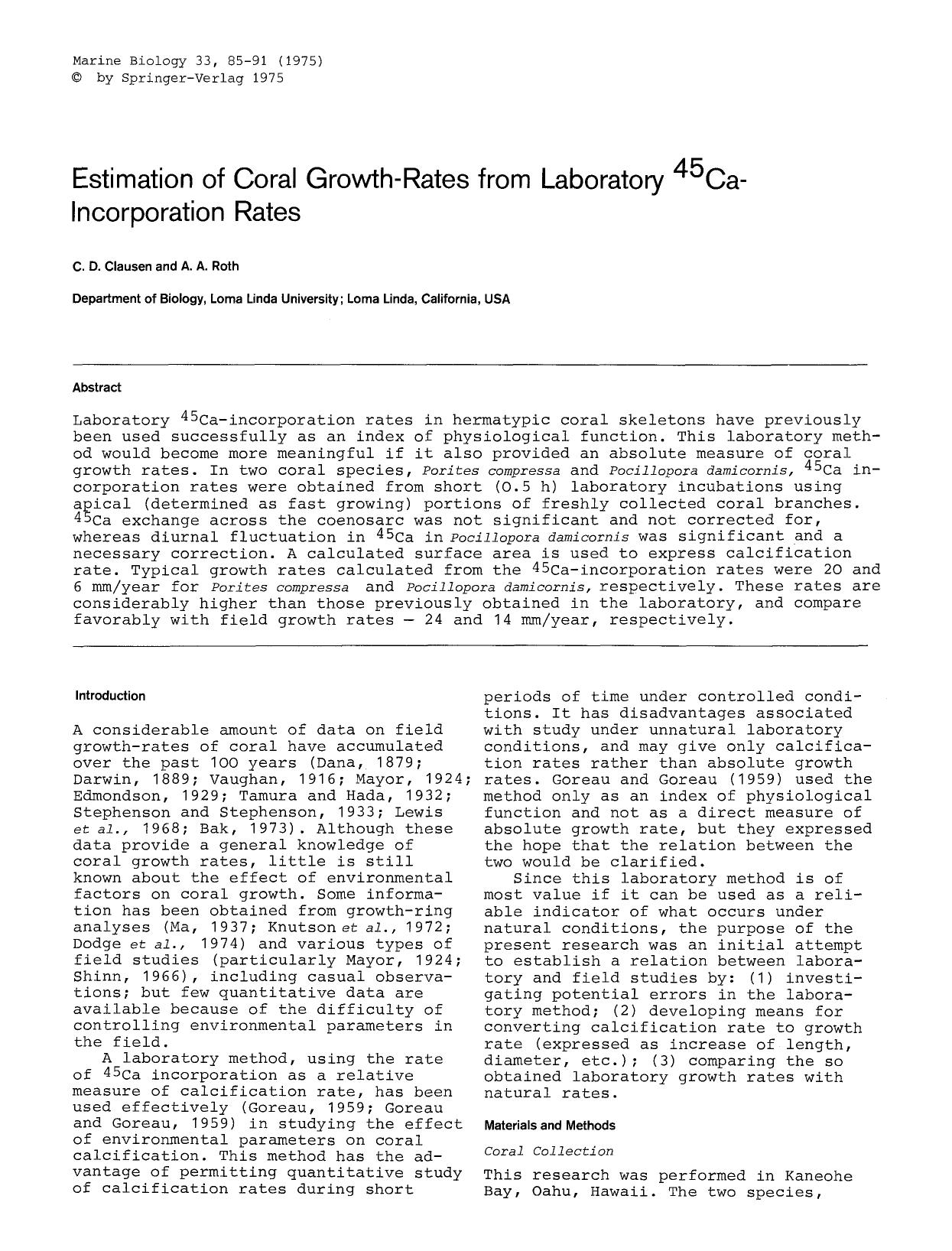 Estimation of coral growth-rates from laboratory <Superscript>45<Superscript>Ca-incorporation rates by Unknown