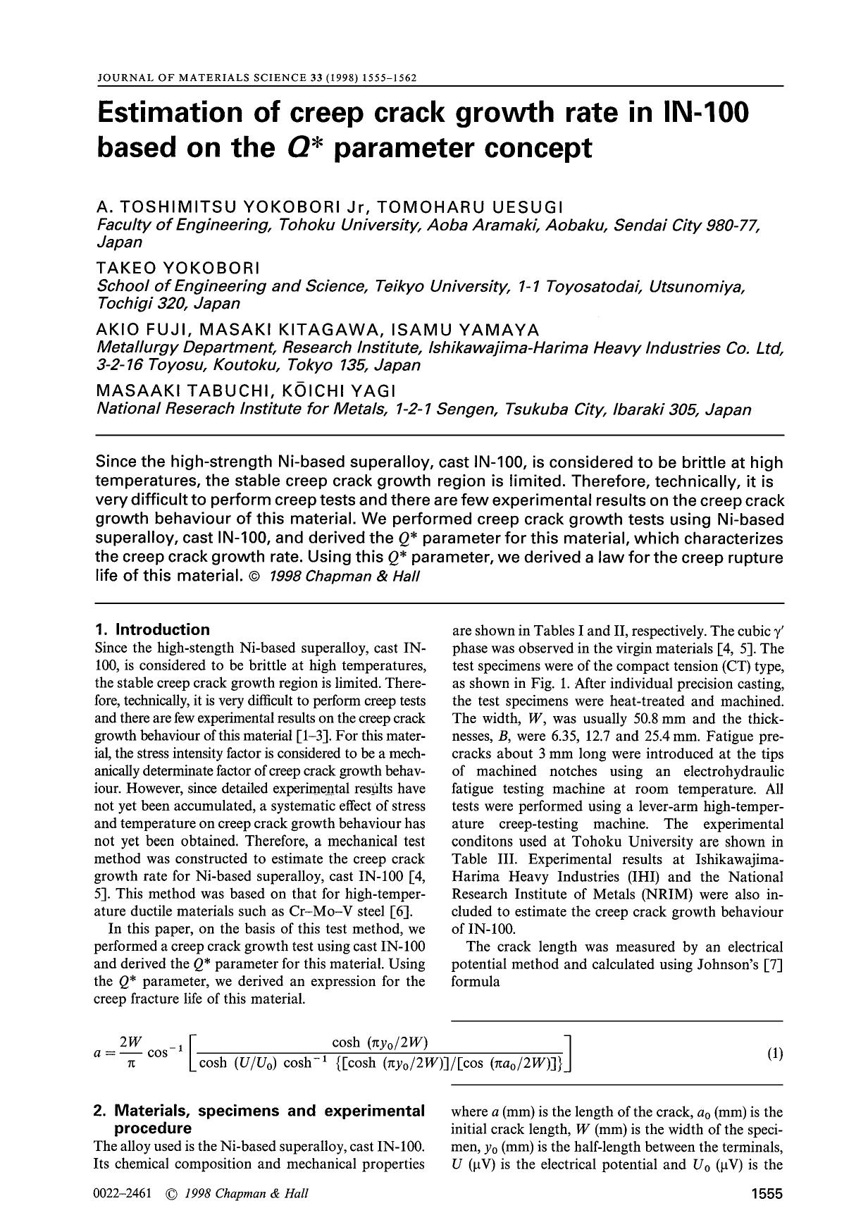Estimation of creep crack growth rate in IN-100 based on the Q* parameter concept by Unknown