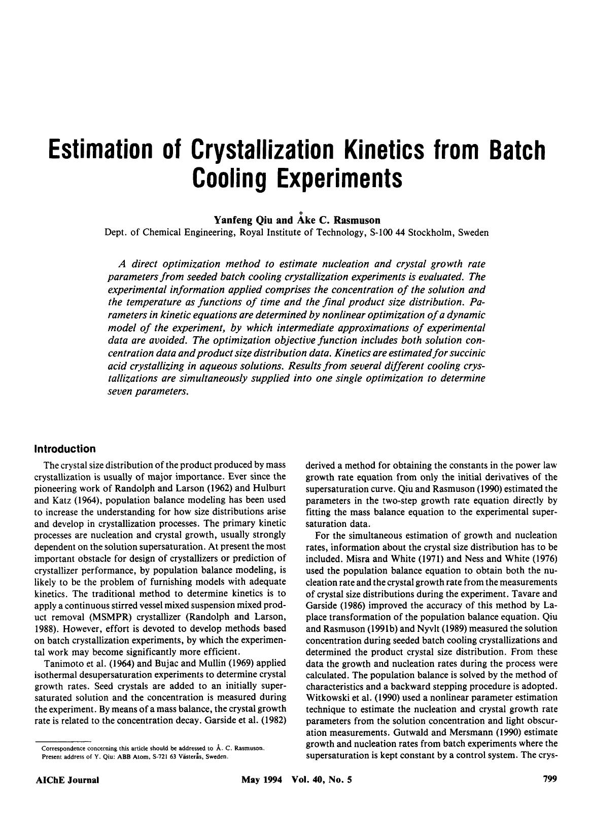 Estimation of crystallization kinetics from batch cooling experiments by Unknown