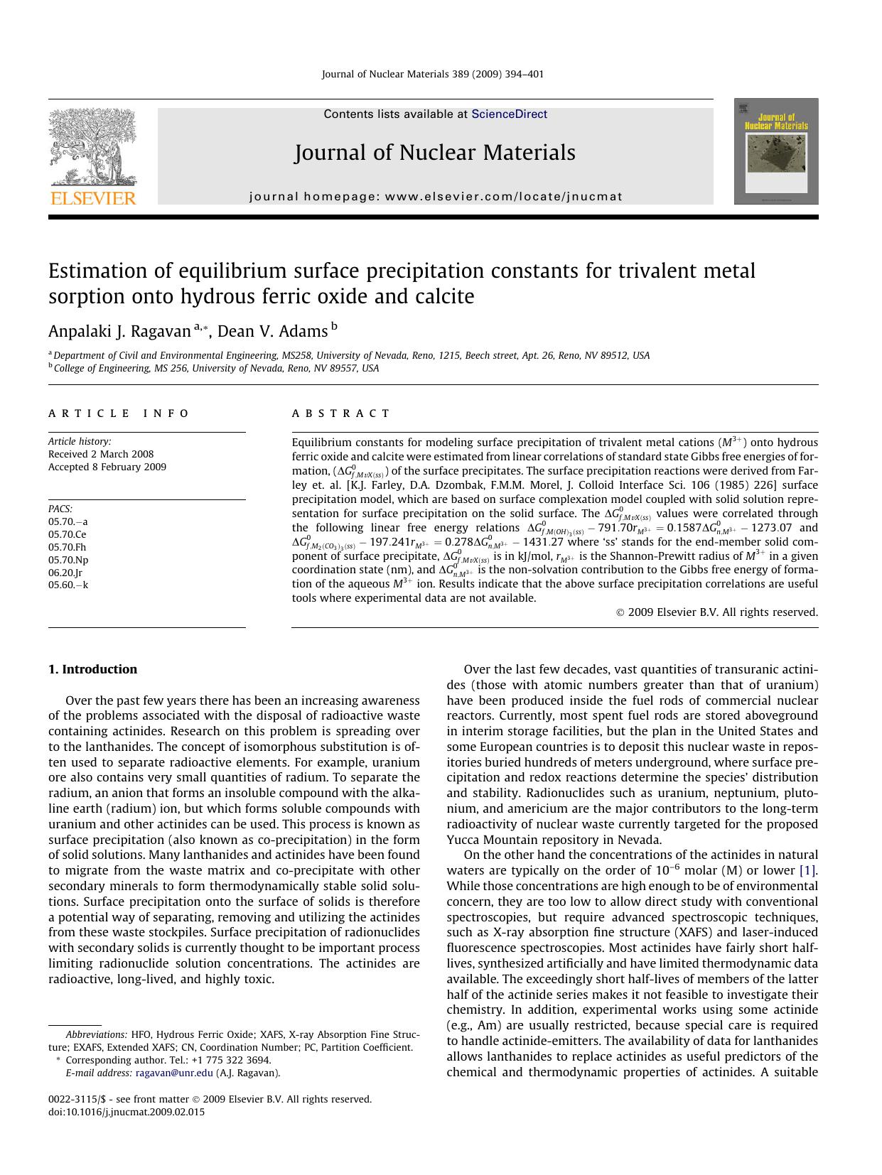 Estimation of equilibrium surface precipitation constants for trivalent metal sorption onto hydrous ferric oxide and calcite by Anpalaki J. Ragavan; Dean V. Adams