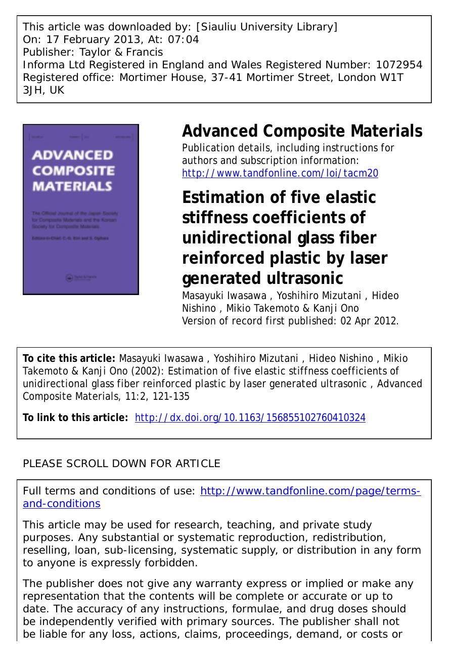 Estimation of five elastic stiffness coefficients of unidirectional glass fiber reinforced plastic by laser generated ultrasonic by Masayuki Iwasawa Yoshihiro Mizutani Hideo Nishino Mikio Takemoto & Kanji Ono
