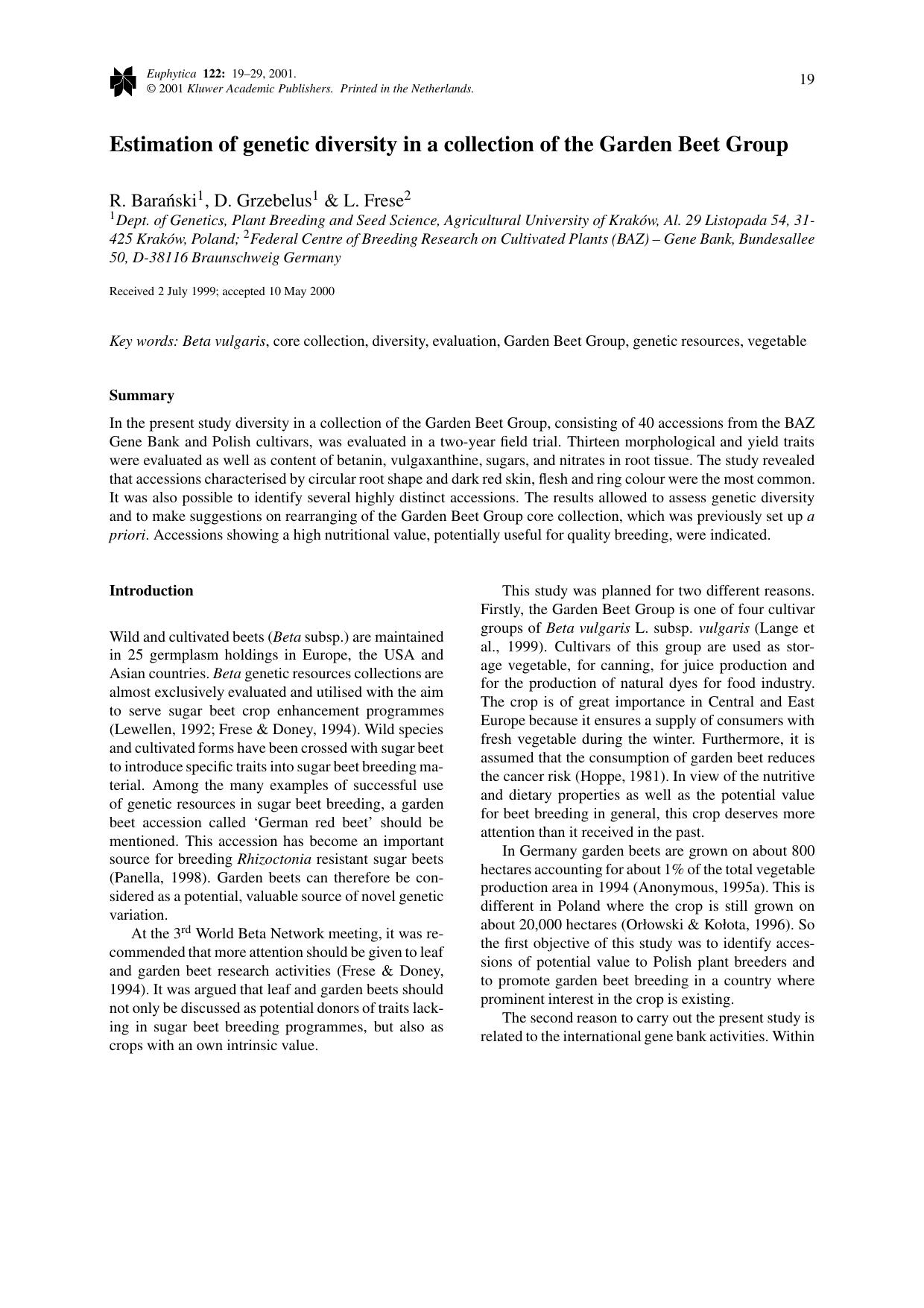 Estimation of genetic diversity in a collection of the Garden Beet Group by Unknown
