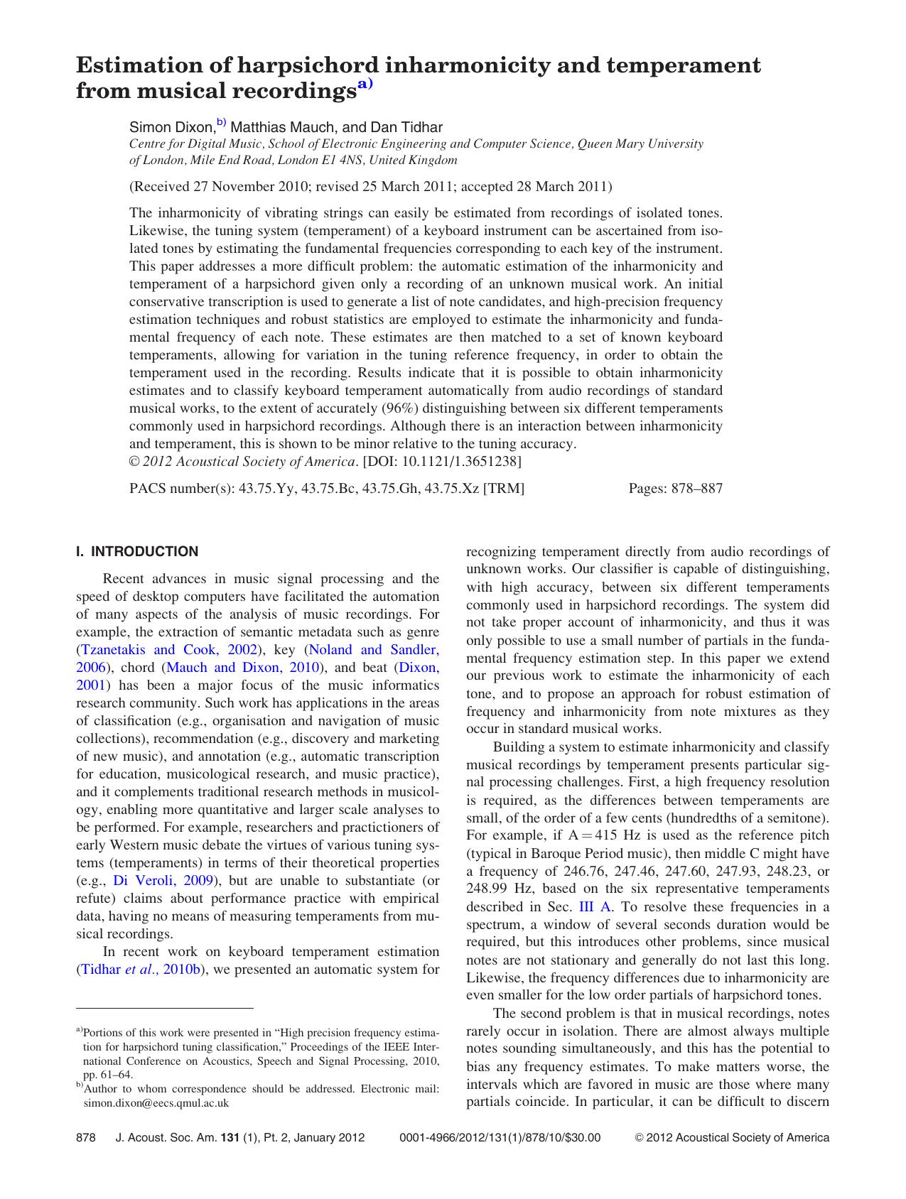 Estimation of harpsichord inharmonicity and temperament from musical recordings by Simon Dixon Matthias Mauch and Dan Tidhar