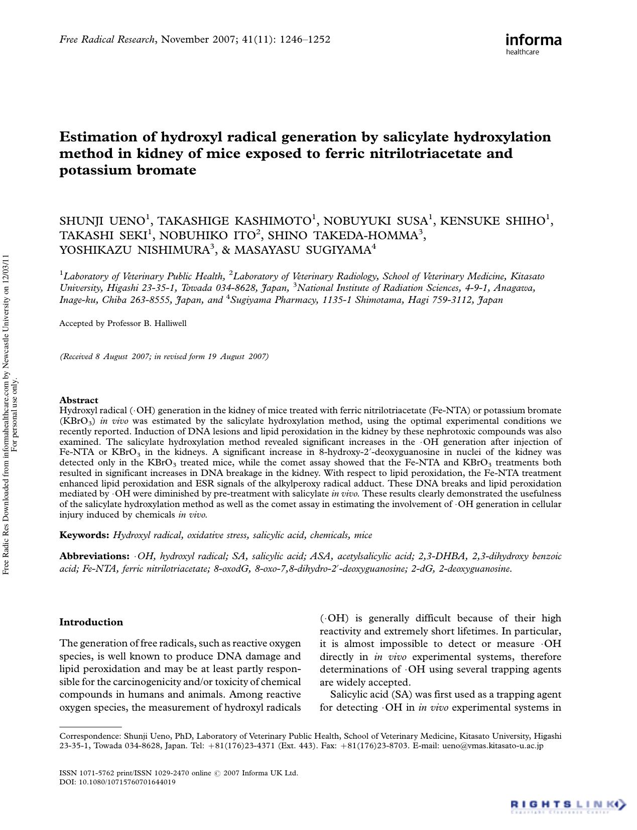 Estimation of hydroxyl radical generation by salicylate hydroxylation method in kidney of mice exposed to ferric nitrilotriacetate and potassium bromate by unknow