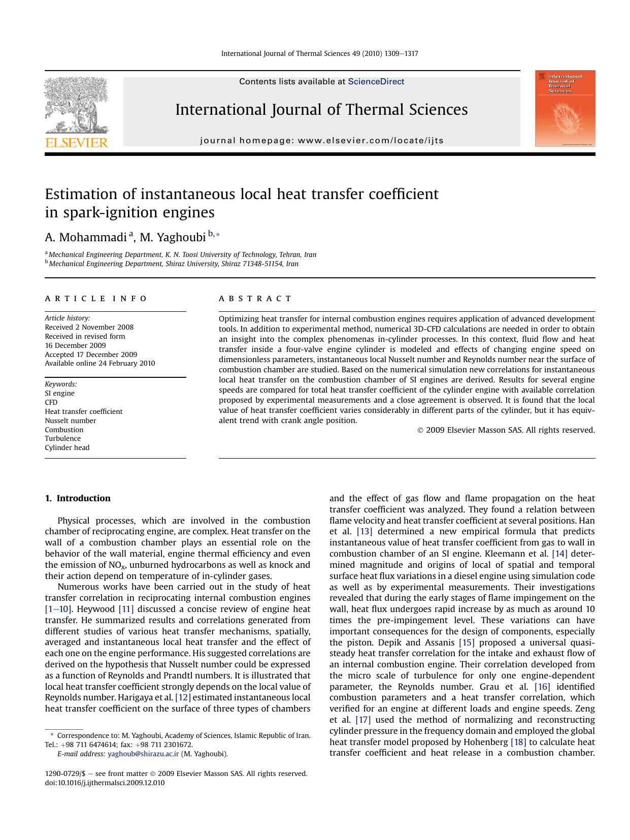 Estimation of instantaneous local heat transfer coefficient in spark-ignition engines by A. Mohammadi; M. Yaghoubi