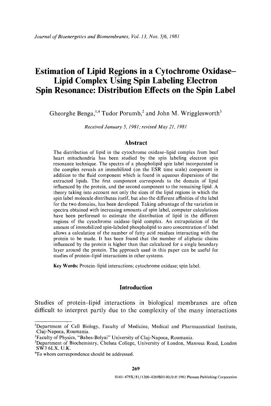 Estimation of lipid regions in a cytochrome oxidase-lipid complex using spin labeling electron spin resonance: Distribution effects on the spin label by Unknown