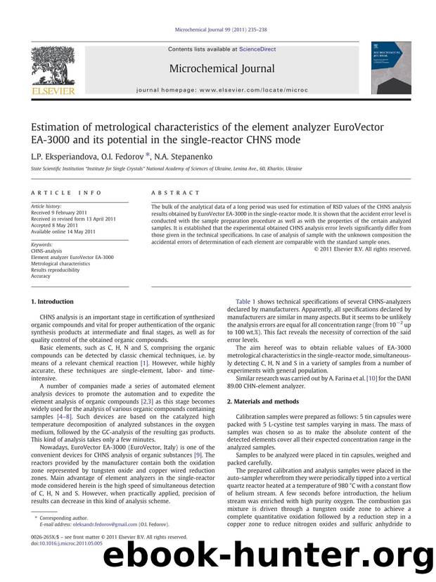 Estimation of metrological characteristics of the element analyzer EuroVector EA-3000 and its potential in the single-reactor CHNS mode by L.P. Eksperiandova & O.I. Fedorov & N.A. Stepanenko