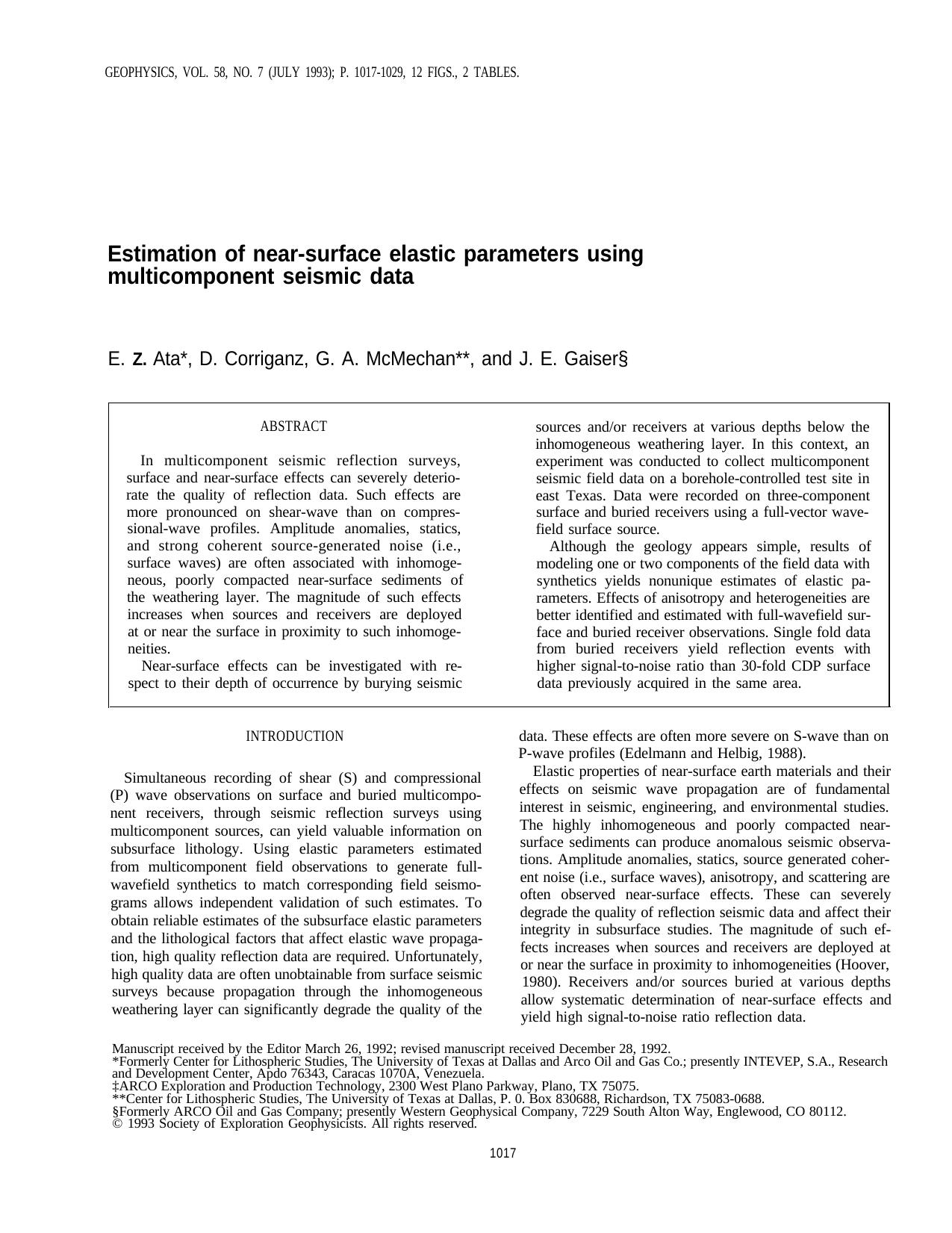 Estimation of near-surface elastic parameters using multicomponent seismic data by G. A. McMechan J.E. Gaiser D. Corrigan E.Z. Ata