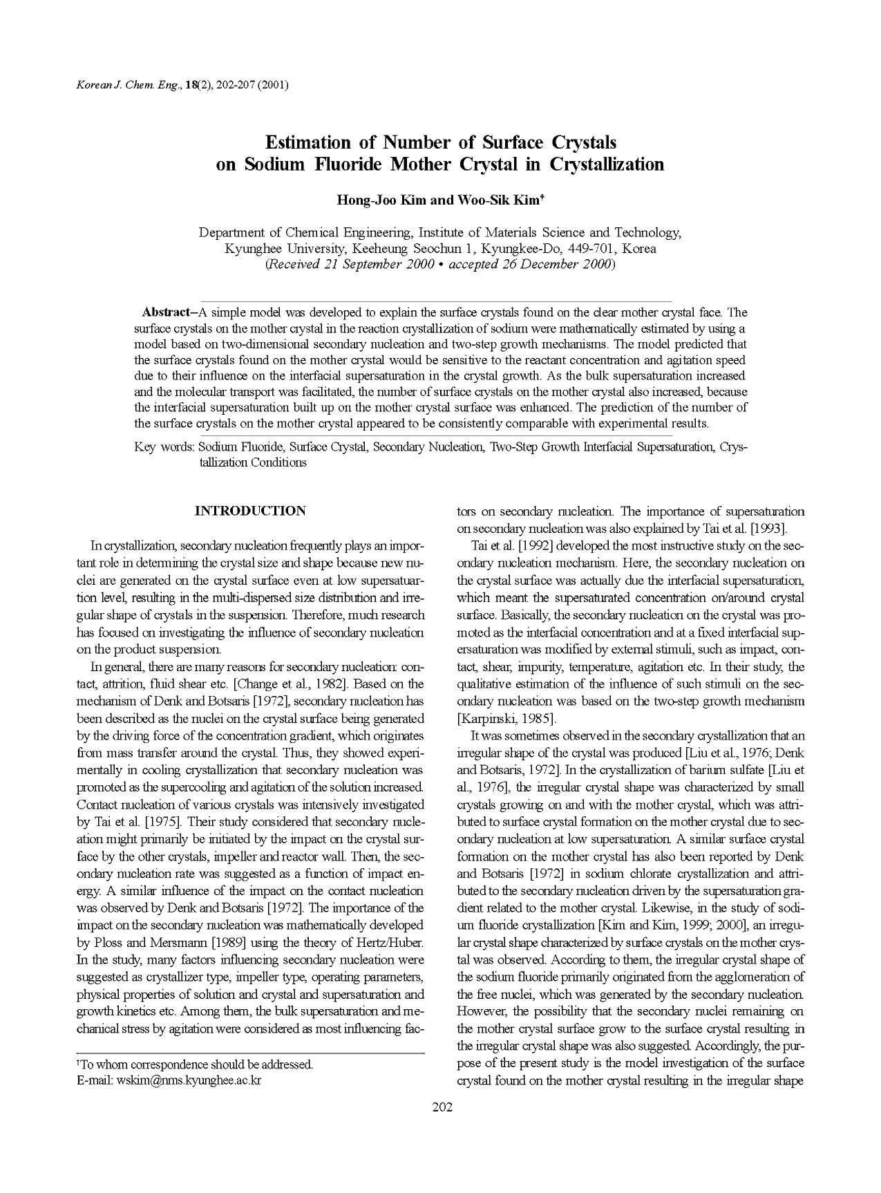 Estimation of number of surface crystals on sodium fluoride mother crystal in crystallization by Unknown