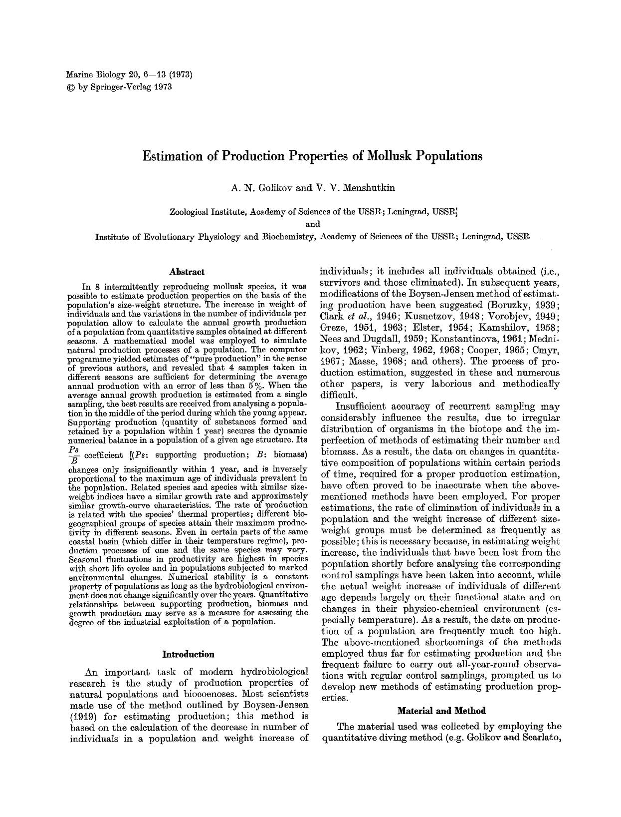 Estimation of production properties of mollusk populations by Unknown