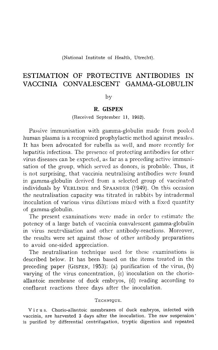 Estimation of protective antibodies in vaccinia convalescent gamma-globulin by Unknown