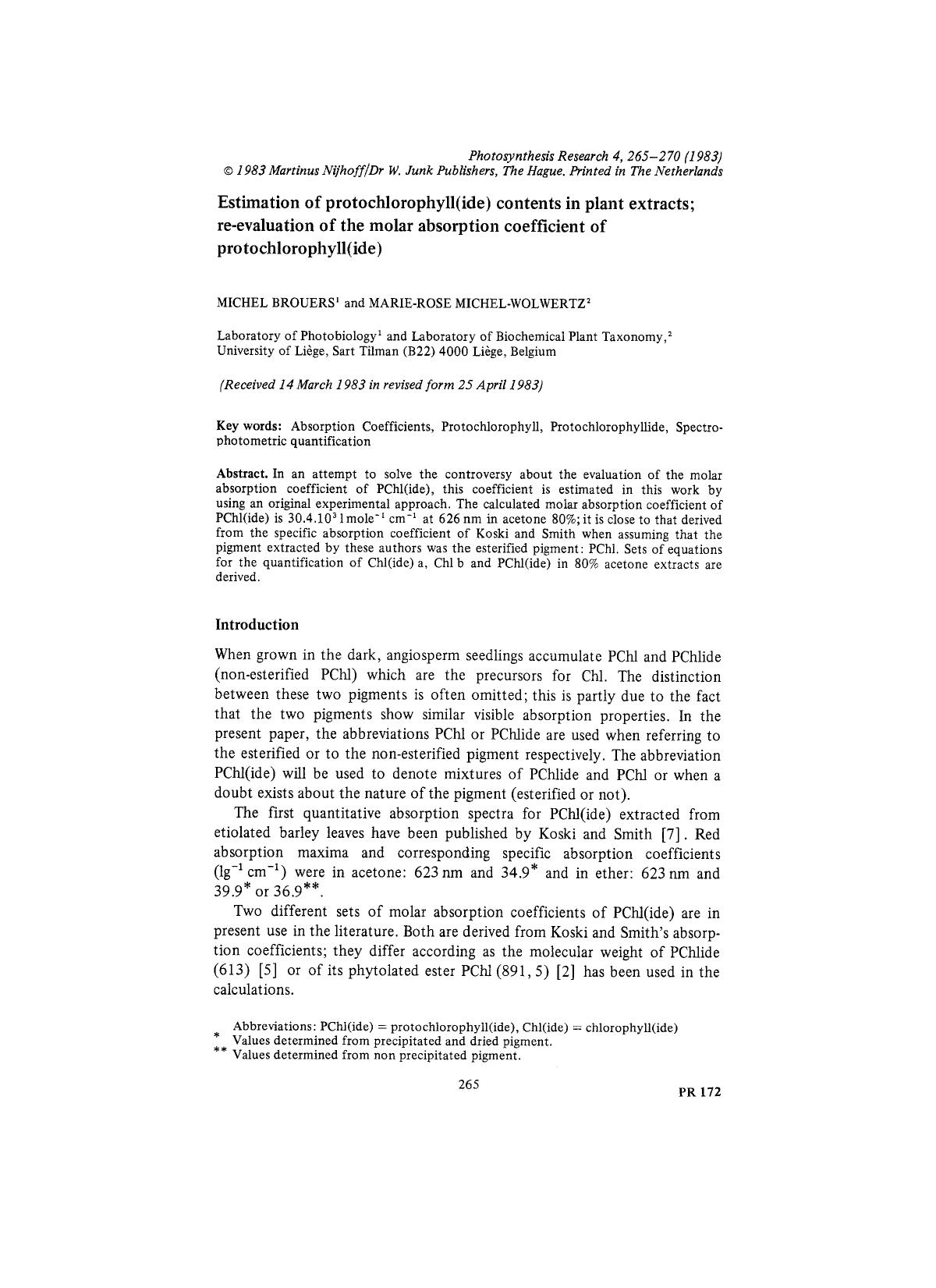 Estimation of protochlorophyll(ide) contents in plant extracts; re-evaluation of the molar absorption coefficient of protochlorophyll(ide) by Unknown