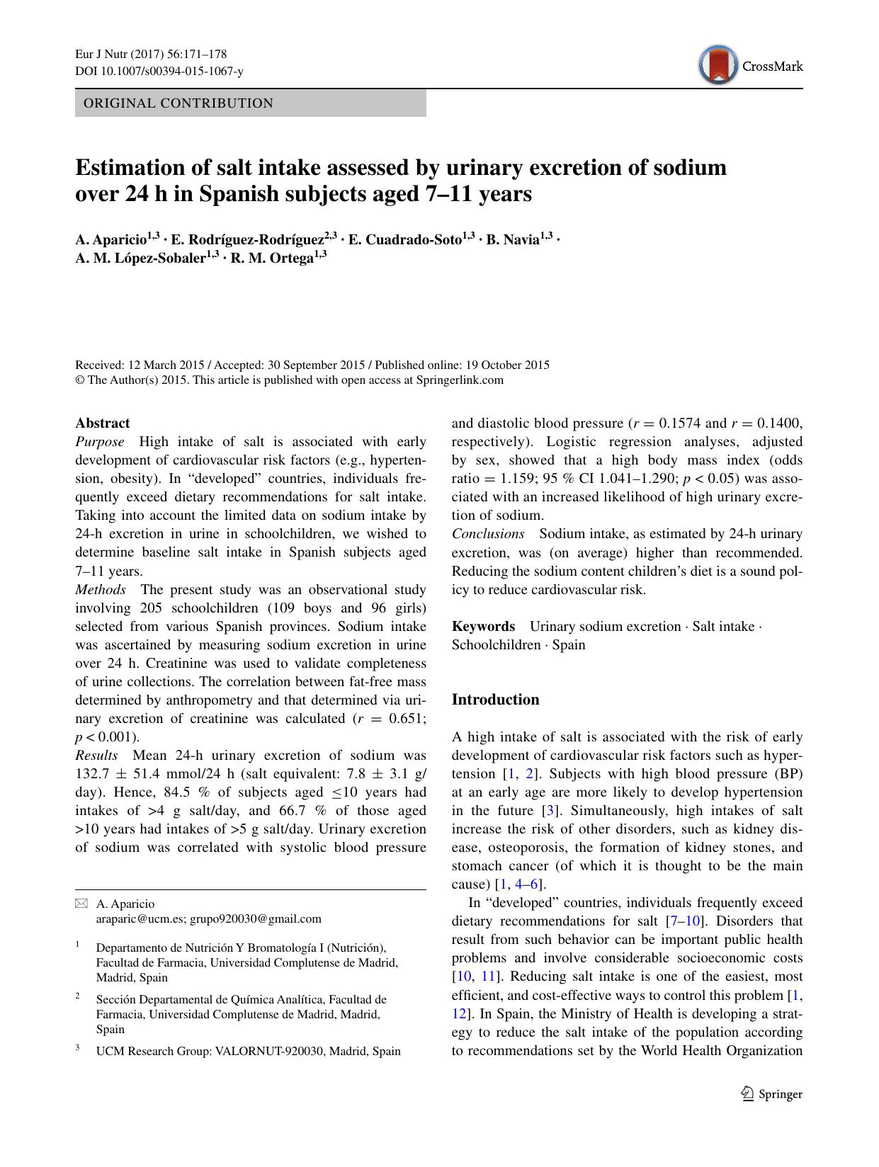 Estimation of salt intake assessed by urinary excretion of sodium over 24 h in Spanish subjects aged 7â11 years by unknow