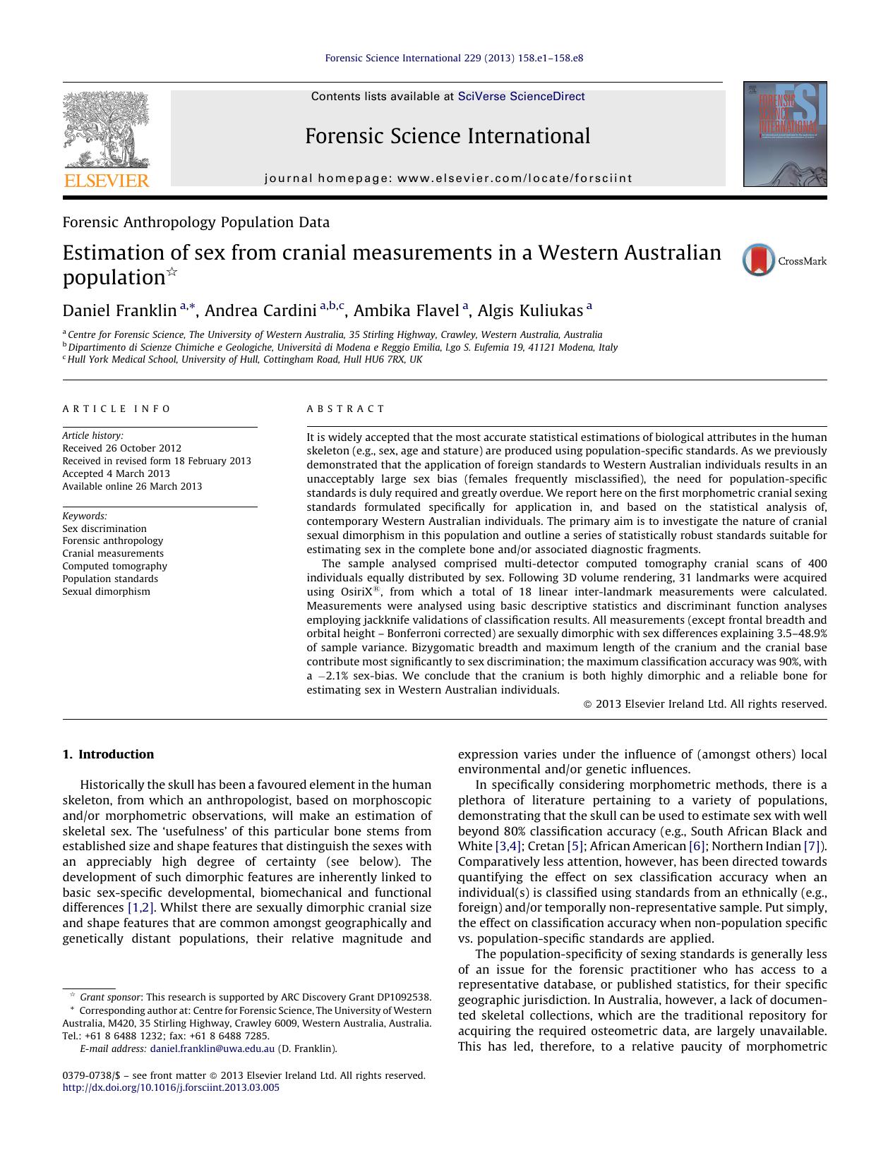 Estimation of sex from cranial measurements in a Western Australian population by Daniel Franklin & Andrea Cardini & Ambika Flavel & Algis Kuliukas