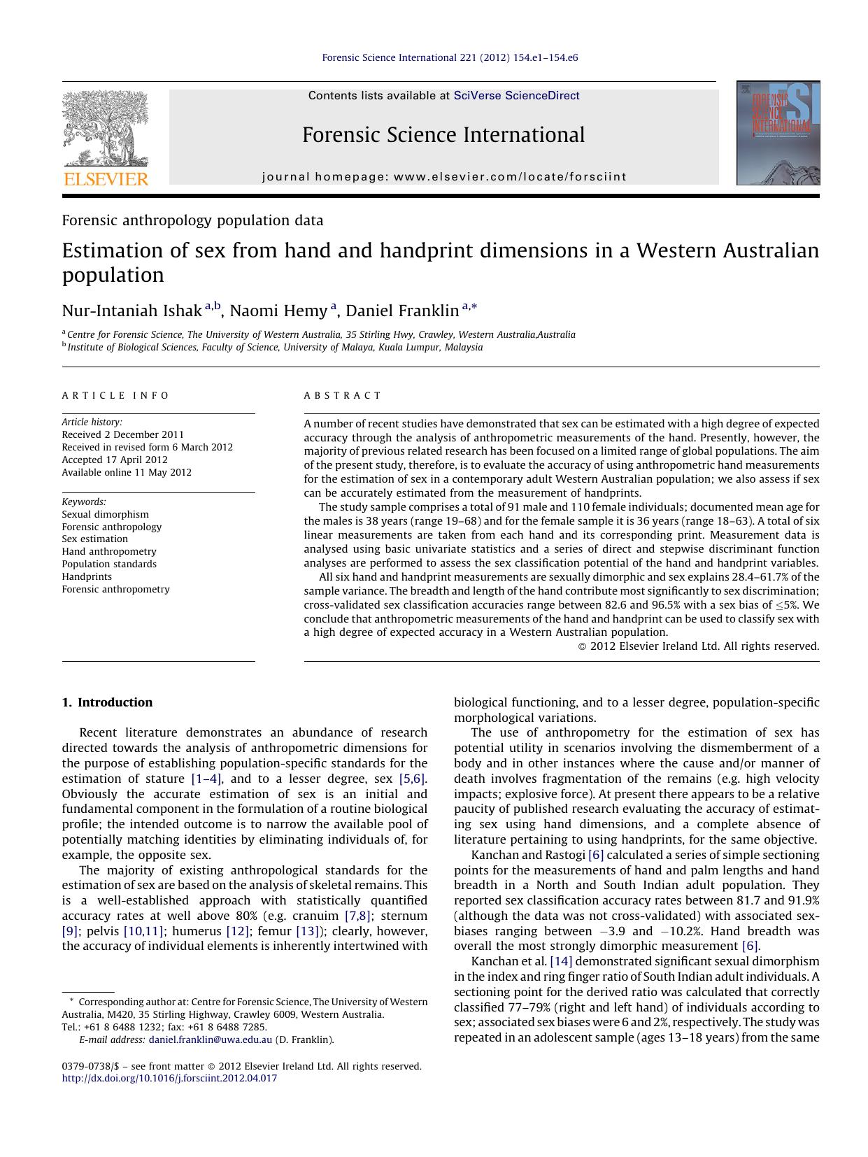 Estimation of sex from hand and handprint dimensions in a Western Australian population by Nur-Intaniah Ishak & Naomi Hemy & Daniel Franklin