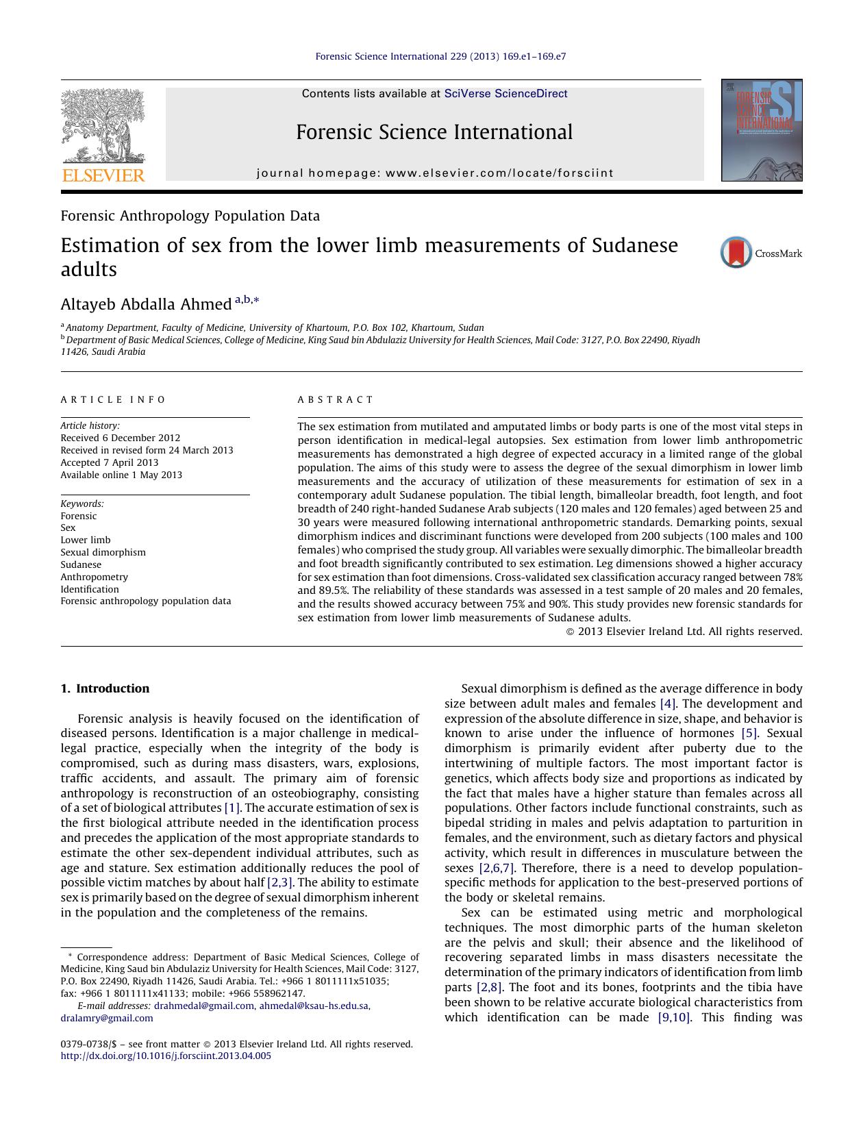 Estimation of sex from the lower limb measurements of Sudanese adults by Altayeb Abdalla Ahmed