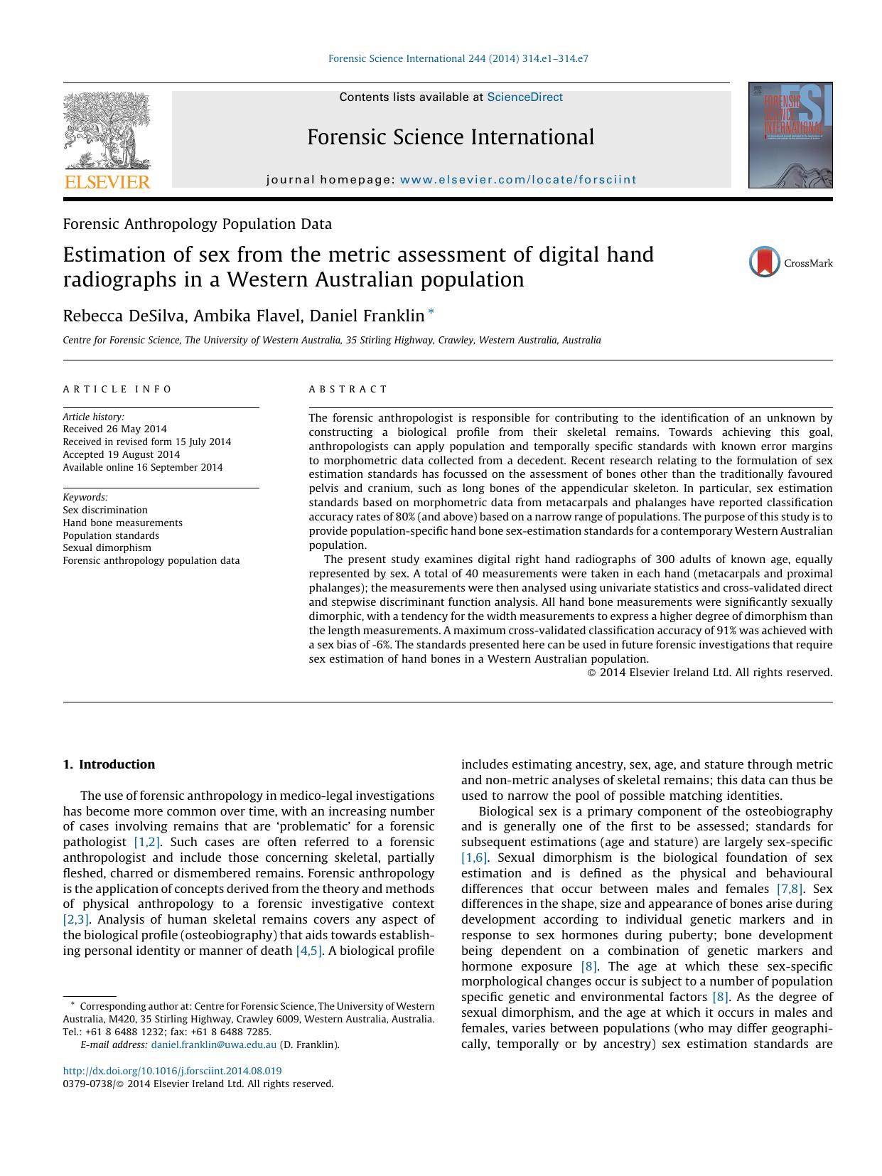 Estimation of sex from the metric assessment of digital hand radiographs in a Western Australian population by Rebecca DeSilva & Ambika Flavel & Daniel Franklin