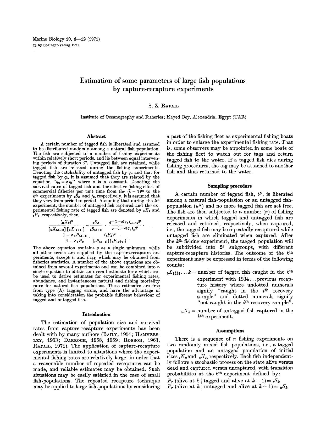 Estimation of some parameters of large fish populations by capture-recapture experiments by Unknown