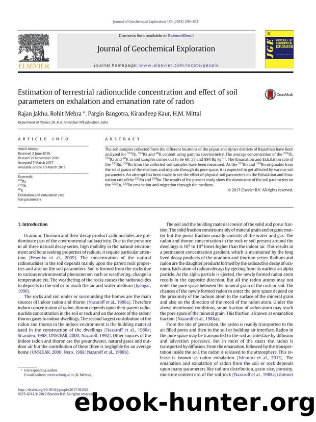 Estimation of terrestrial radionuclide concentration and effect of soil parameters on exhalation and emanation rate of radon by Rajan Jakhu & Rohit Mehra & Pargin Bangotra & Kirandeep Kaur & H.M. Mittal