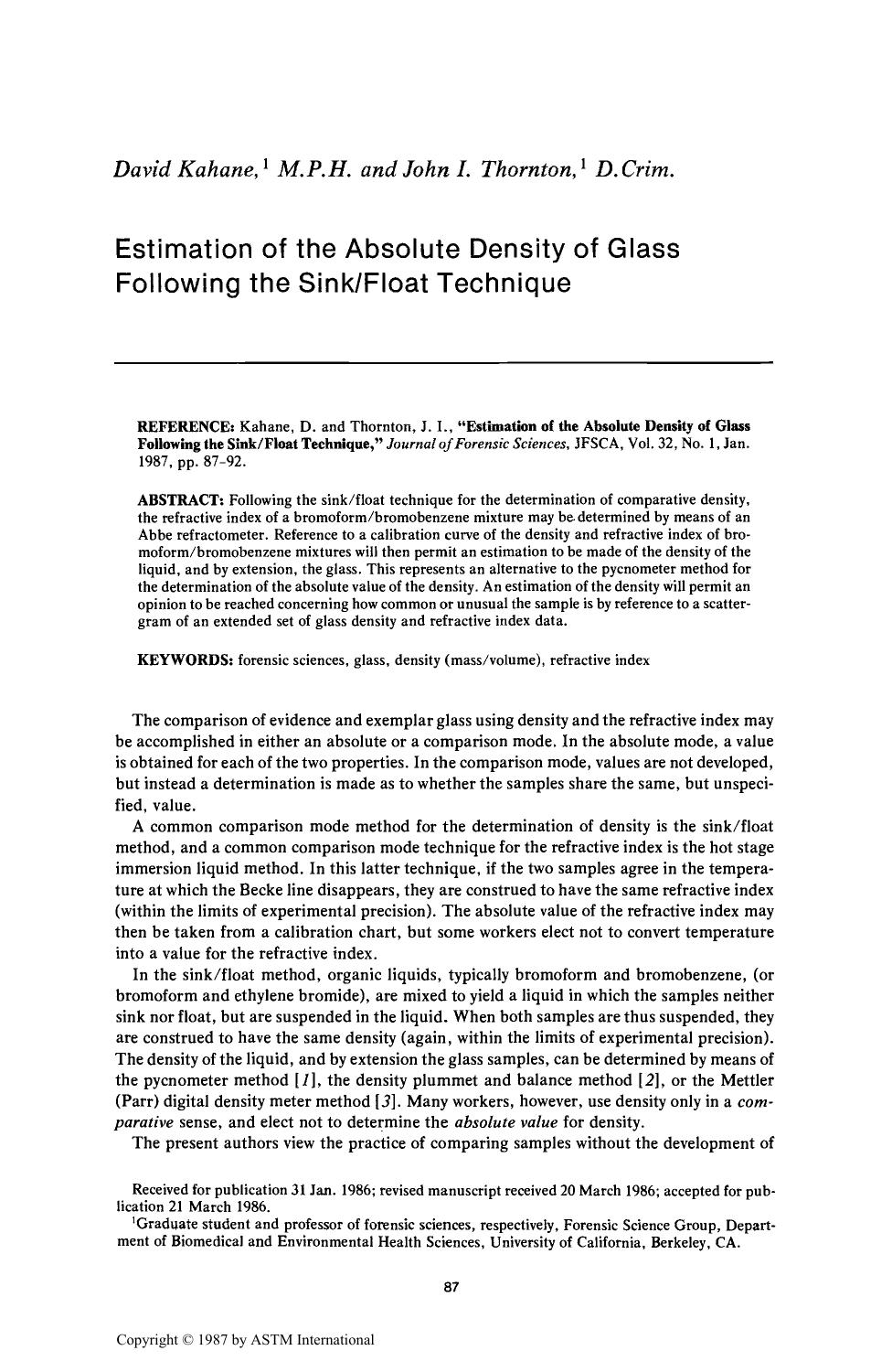 Estimation of the Absolute Density of Glass Following the SinkFloat Technique by Kahane D Thornton JI