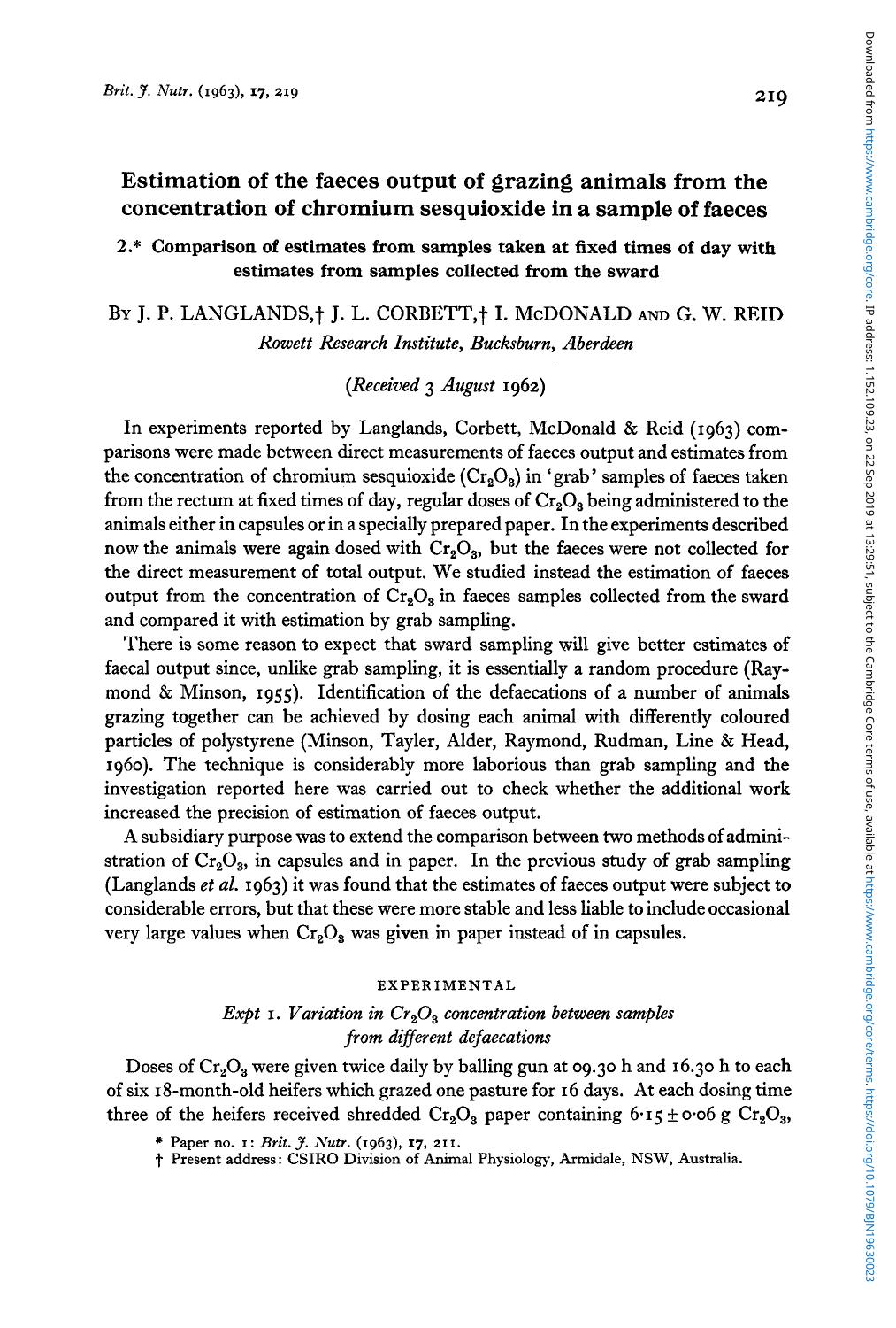 Estimation of the faeces output of Çµrazing animals from the concentration of chromium sesquioxide in a sample of faeces by J. P. Langlands J. L. Corbett I. McDonald G. W. Reid