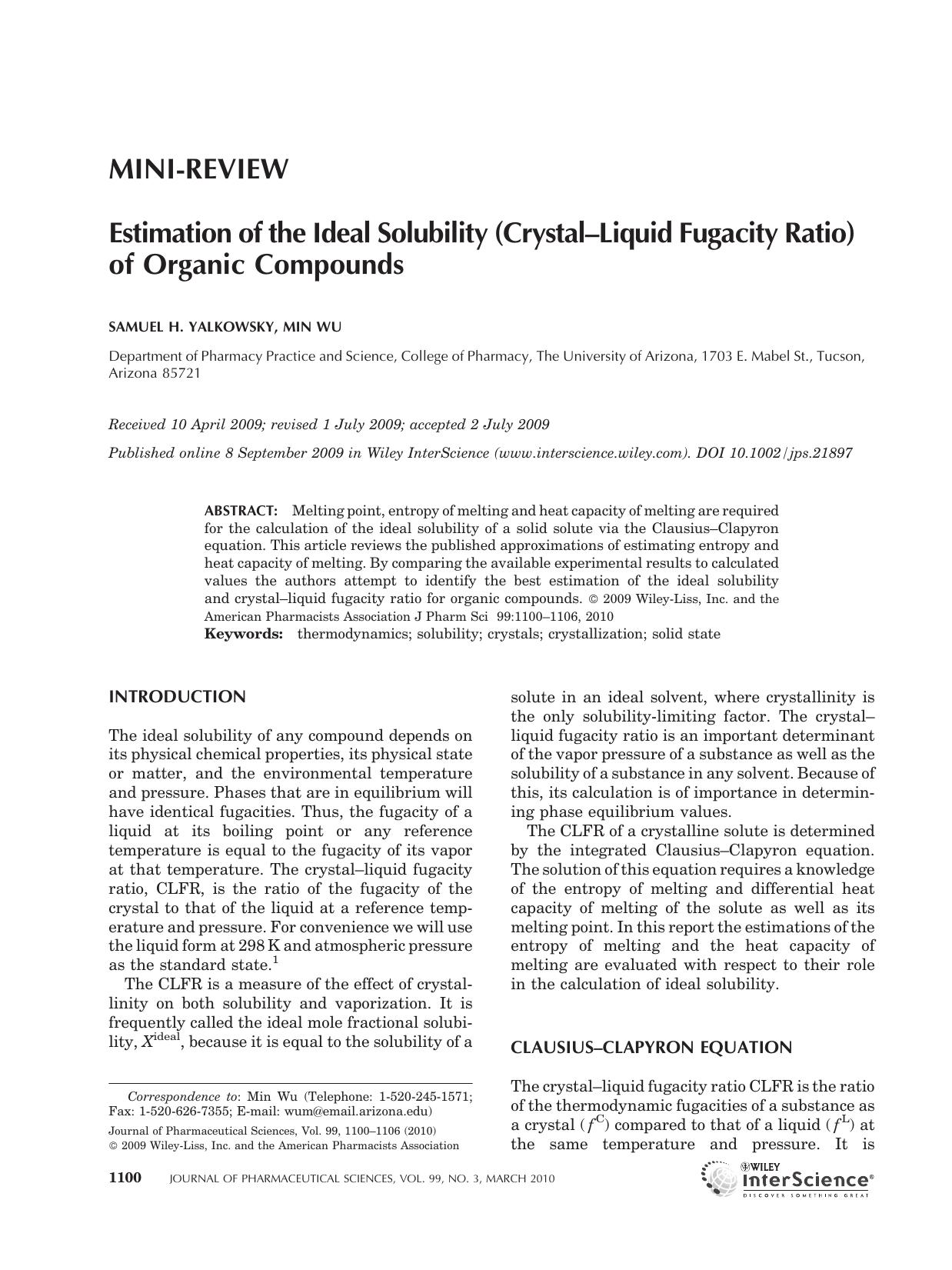 Estimation of the ideal solubility (crystal-liquid fugacity ratio) of organic compounds by Unknown