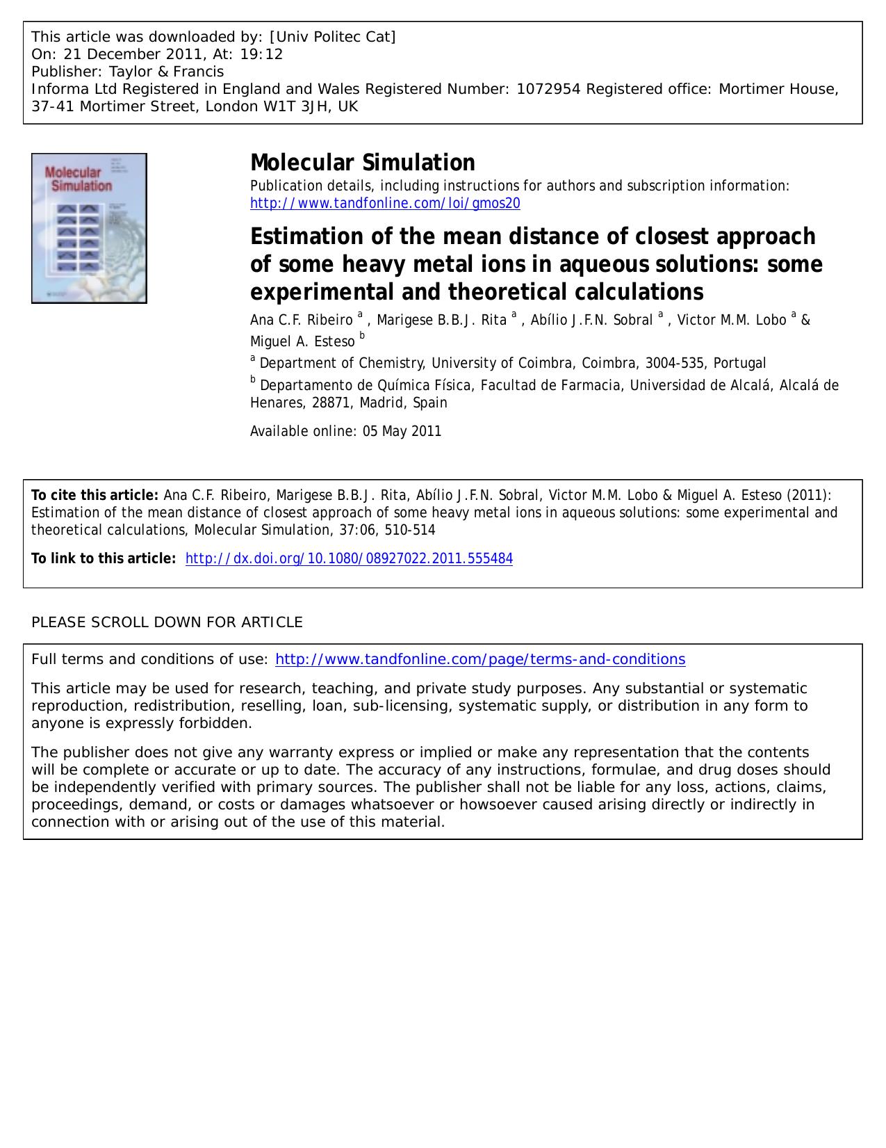 Estimation of the mean distance of closest approach of some heavy metal ions in aqueous solutions: some experimental and theoretical calculations by unknow