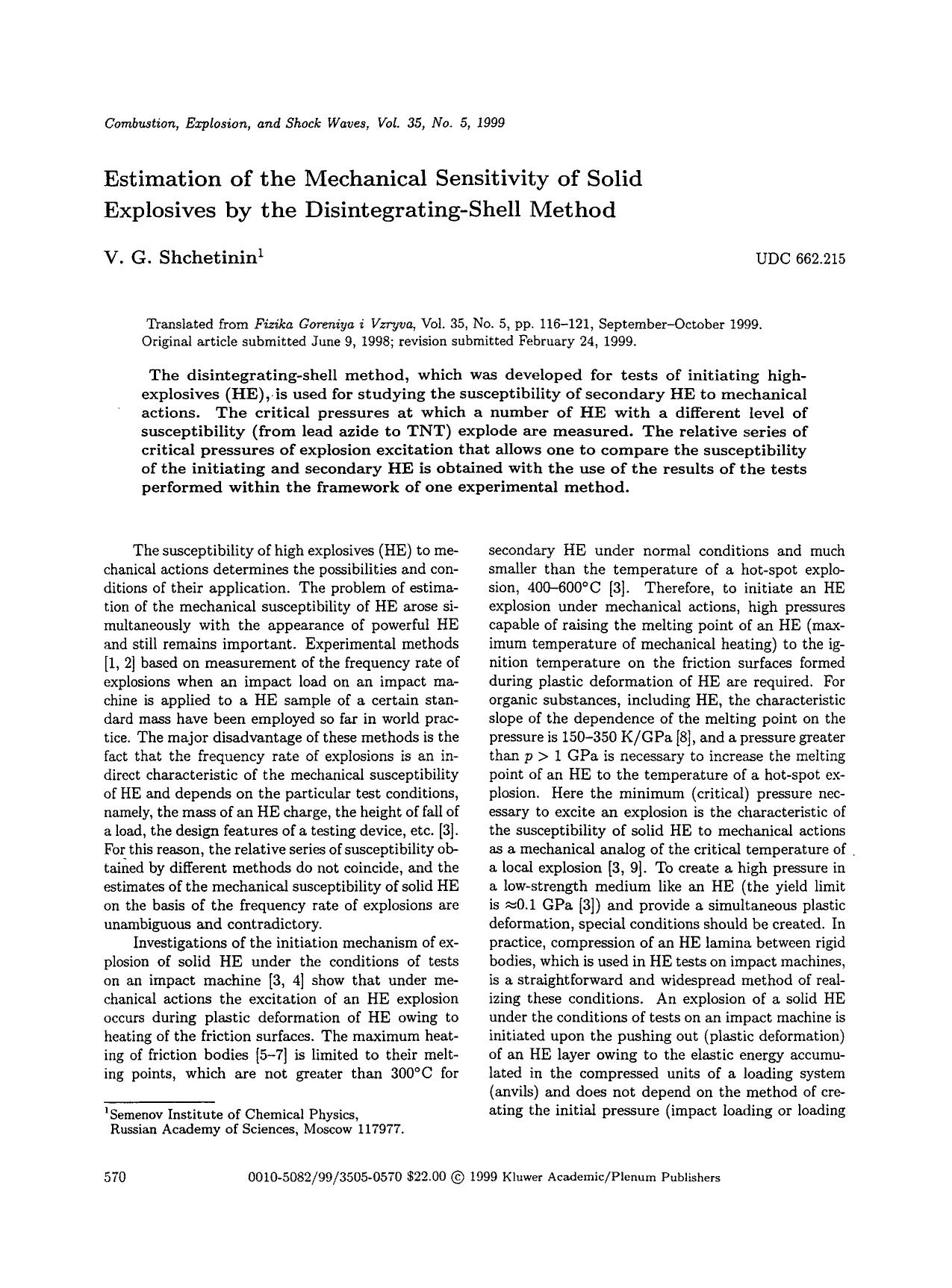 Estimation of the mechanical sensitivity of solid explosives by the disintegrating-shell method by Unknown