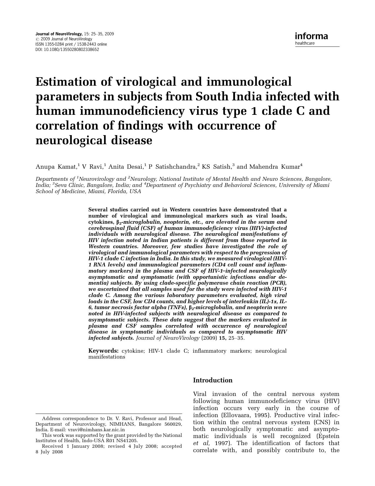 Estimation of virological and immunological parameters in subjects from South India infected with human immunodeficiency virus type 1 clade C and correlation of findings with occur by Unknown