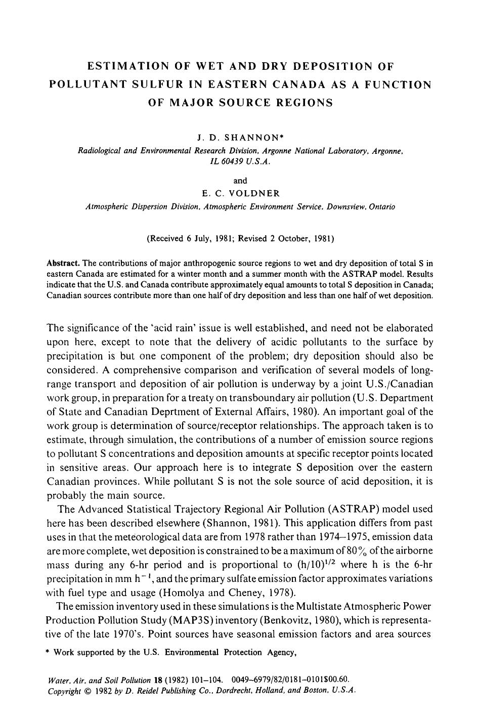Estimation of wet and dry deposition of pollutant sulfur in eastern Canada as a function of major source regions by Unknown
