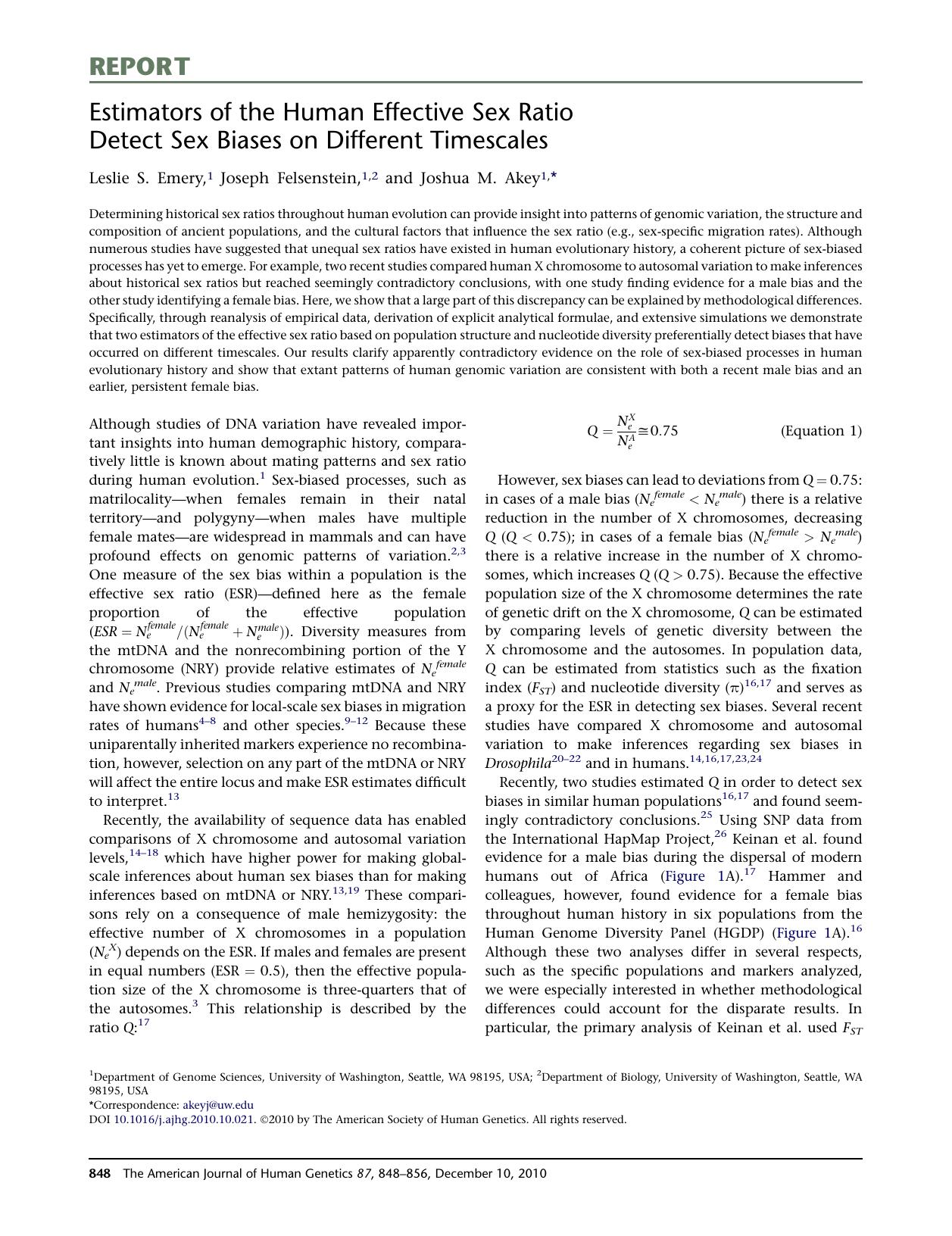 Estimators of the Human Effective Sex Ratio Detect Sex Biases on Different Timescales by Leslie S. Emery & Joseph Felsenstein & Joshua M. Akey