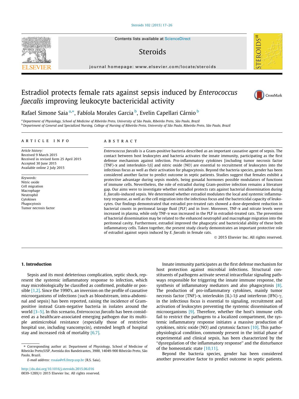 Estradiol protects female rats against sepsis induced by Enterococcus faecalis improving leukocyte bactericidal activity by Rafael Simone Saia & Fabíola Morales Garcia & Evelin Capellari Cárnio