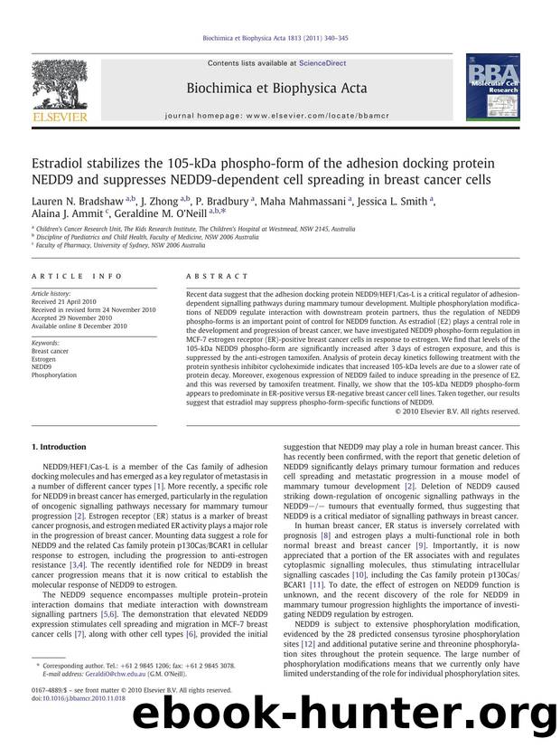 Estradiol stabilizes the 105-kDa phospho-form of the adhesion docking protein NEDD9 and suppresses NEDD9-dependent cell spreading in breast cancer cells by unknow