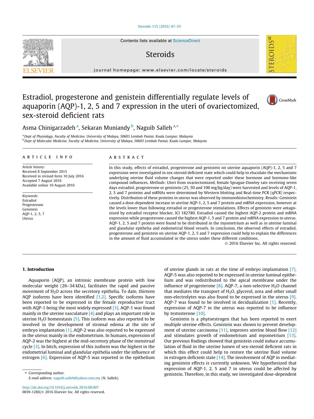 Estradiol, progesterone and genistein differentially regulate levels of aquaporin (AQP)-1, 2, 5 and 7 expression in the uteri of ovariectomized, sex-steroid deficient rats by Asma Chinigarzadeh & Sekaran Muniandy & Naguib Salleh