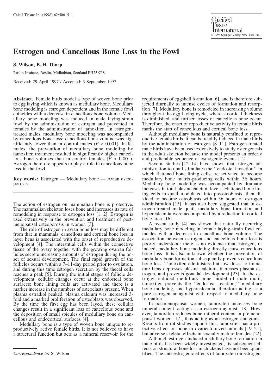 Estrogen and Cancellous Bone Loss in the Fowl by Wilson S. et al