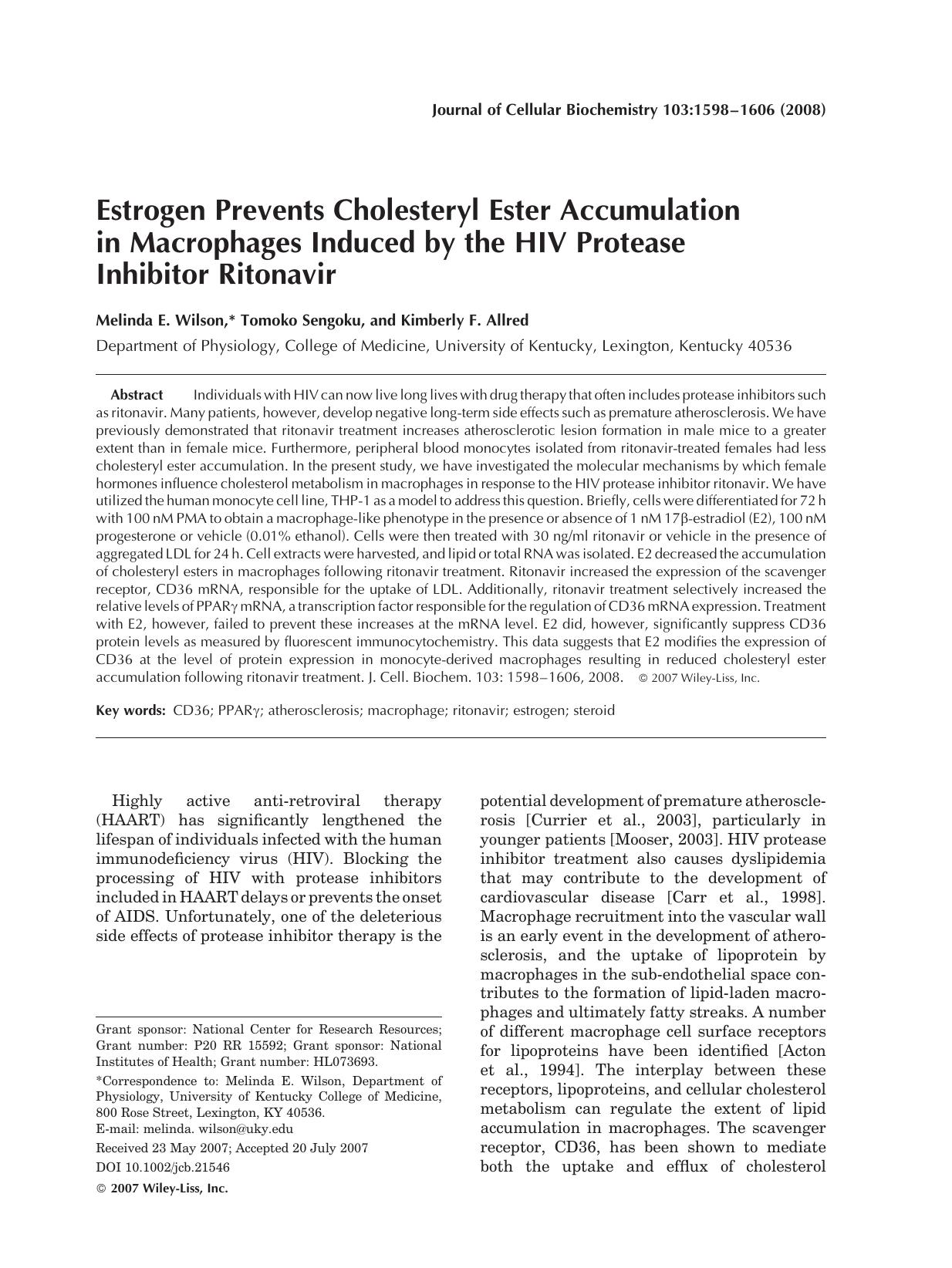 Estrogen prevents cholesteryl ester accumulation in macrophages induced by the HIV protease inhibitor ritonavir by Unknown