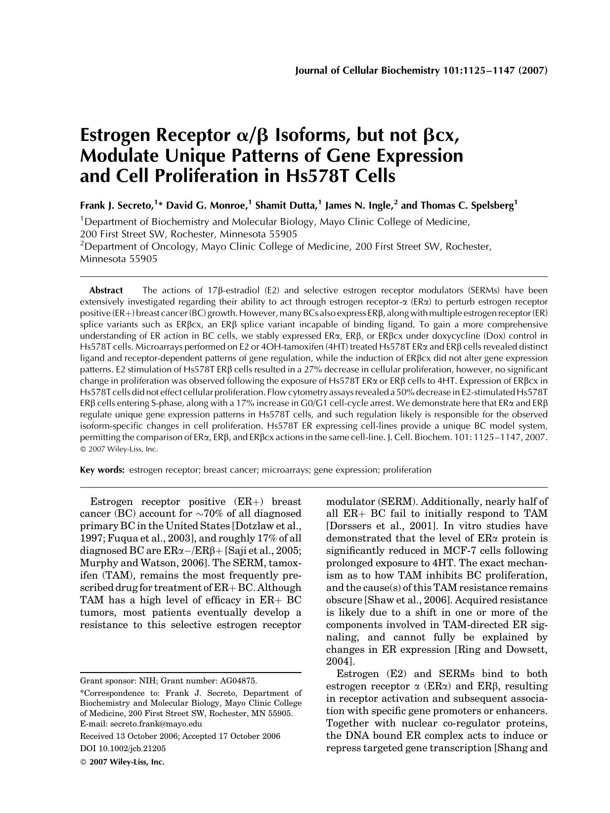 Estrogen receptor [alpha][beta] isoforms, but not [beta]cx, modulate unique patterns of gene expression and cell proliferation in Hs578T cells by Unknown