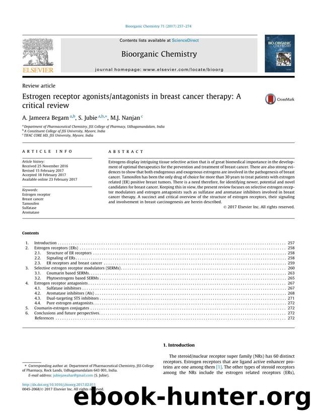 Estrogen receptor agonistsantagonists in breast cancer therapy: A critical review by A. Jameera Begam & S. Jubie & M.J. Nanjan