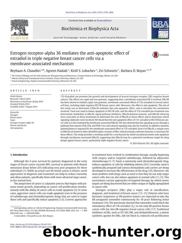Estrogen receptor-alpha 36 mediates the anti-apoptotic effect of estradiol in triple negative breast cancer cells via a membrane-associated mechanism by Reyhaan A. Chaudhri & Agreen Hadadi & Kirill S. Lobachev & Zvi Schwartz & Barbara D. Boyan