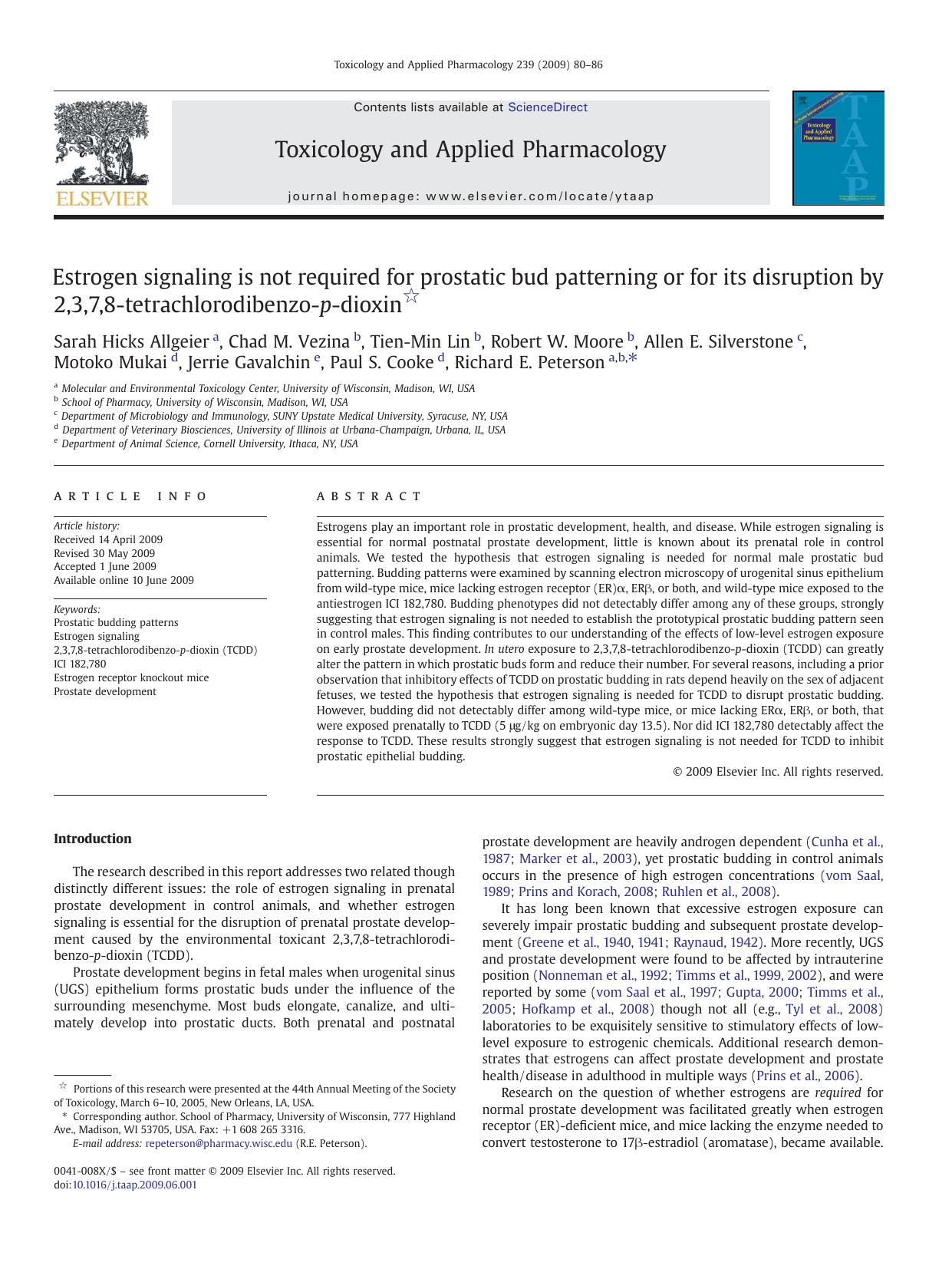 Estrogen signaling is not required for prostatic bud patterning or for its disruption by 2,3,7,8-tetrachlorodibenzo-p-dioxin by unknow