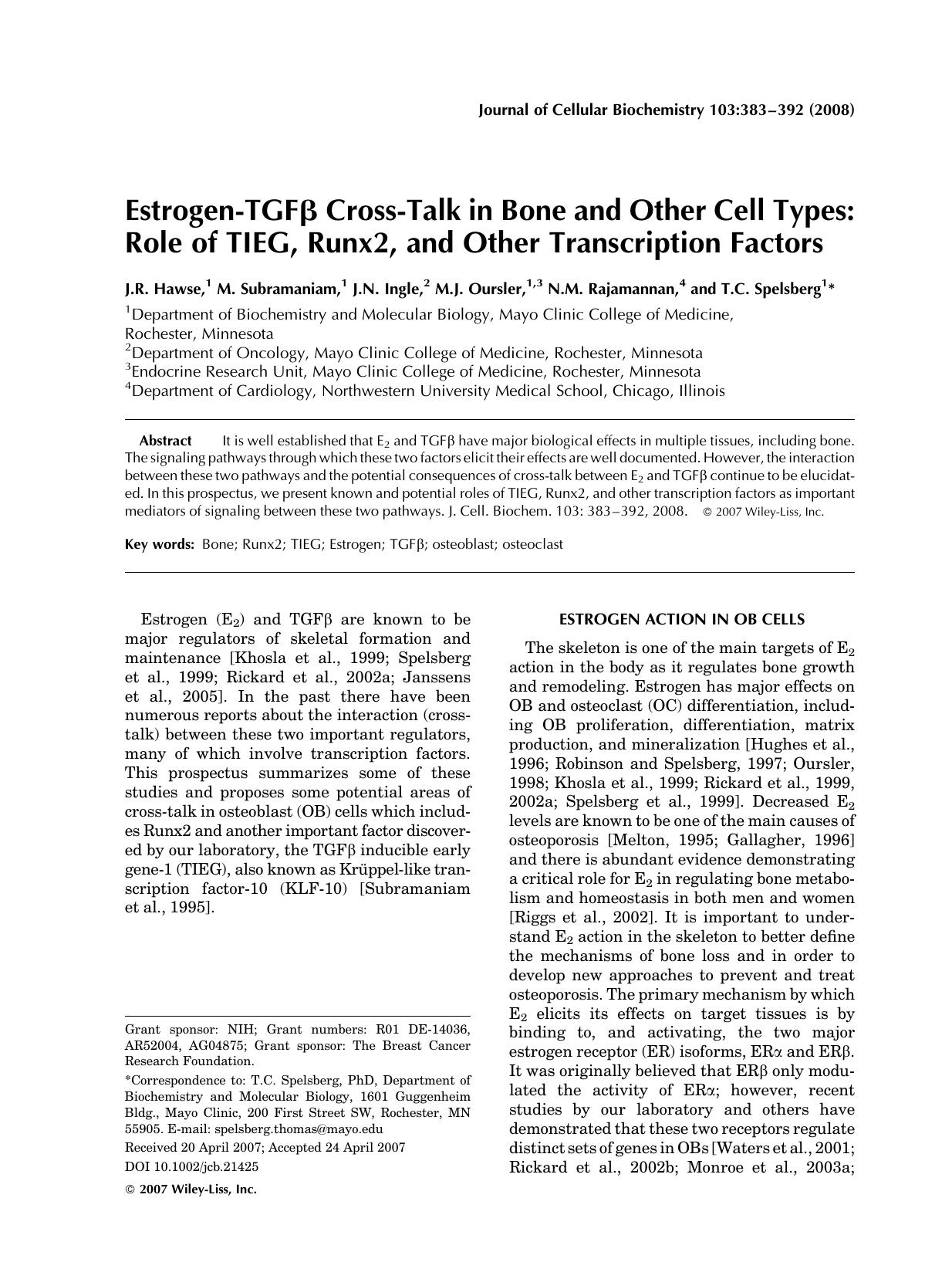 Estrogen-TGF[beta] cross-talk in bone and other cell types: Role of TIEG, Runx2, and other transcription factors by Unknown