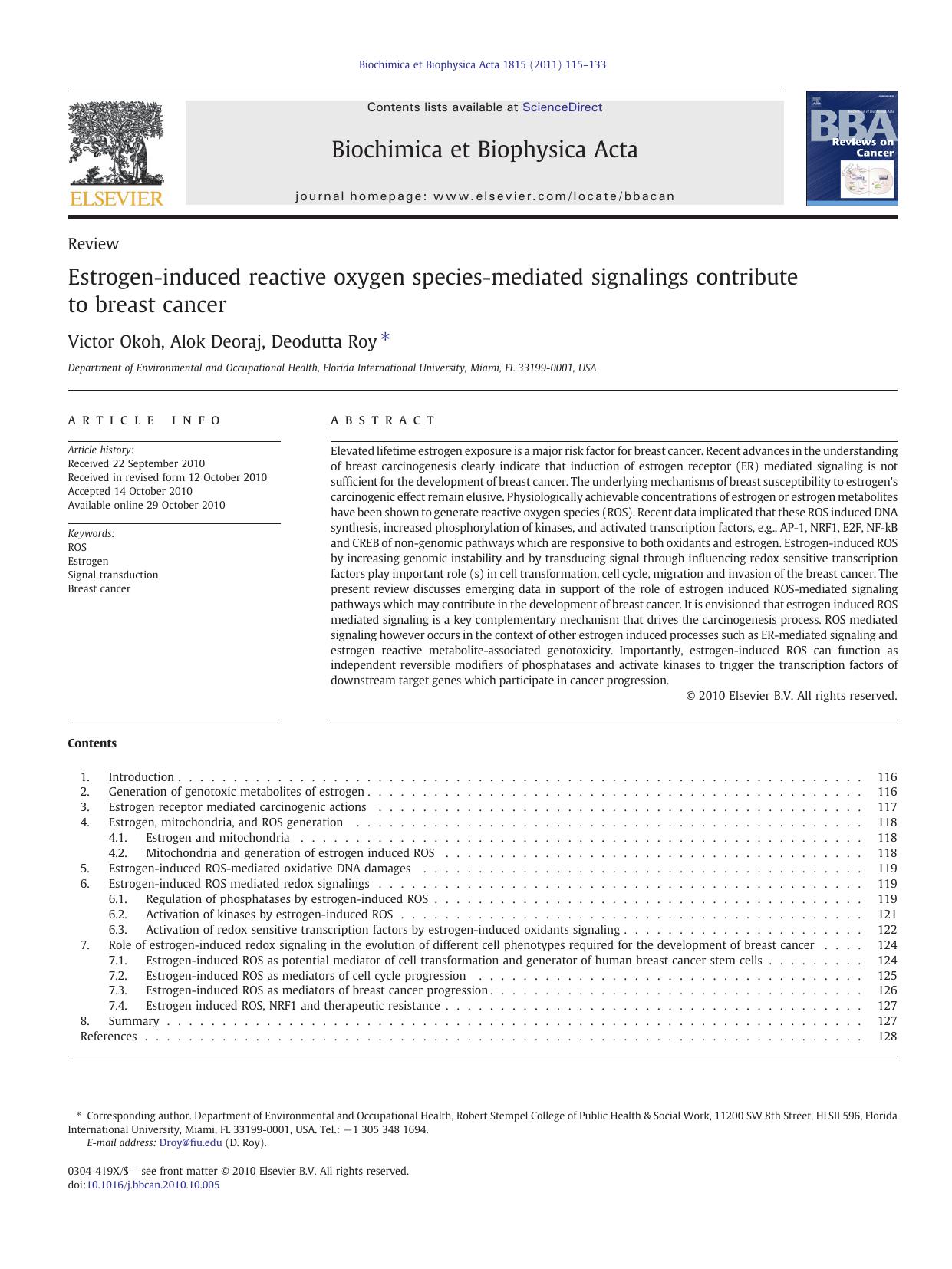 Estrogen-induced reactive oxygen species-mediated signalings contribute to breast cancer by Victor Okoh & Alok Deoraj & Deodutta Roy