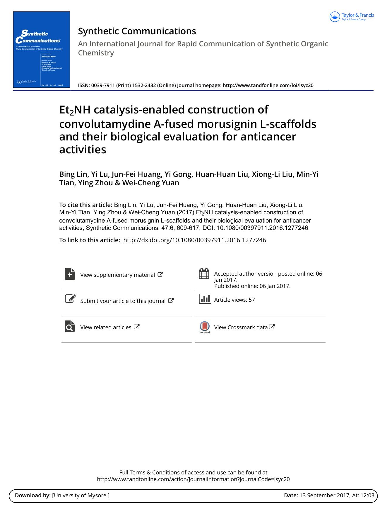 Et2NH catalysis-enabled construction of convolutamydine A-fused morusignin L-scaffolds and their biological evaluation for anticancer activities by Bing Lin